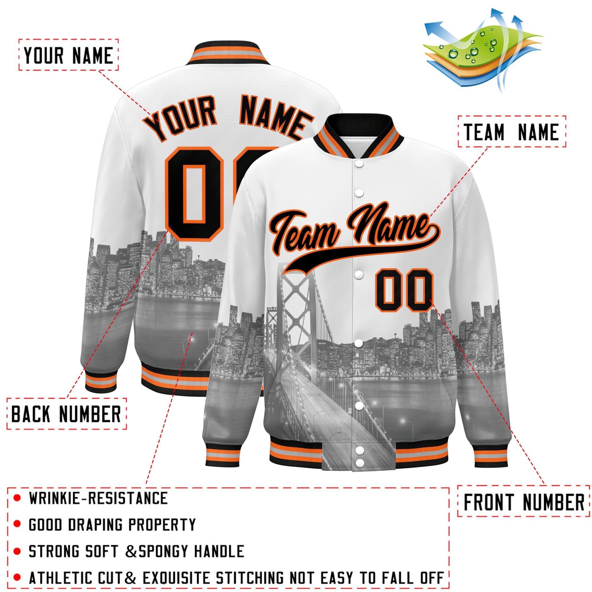 Custom White Black-Orange San Francisco City Connect Track Varsity Full-Snap Jacket