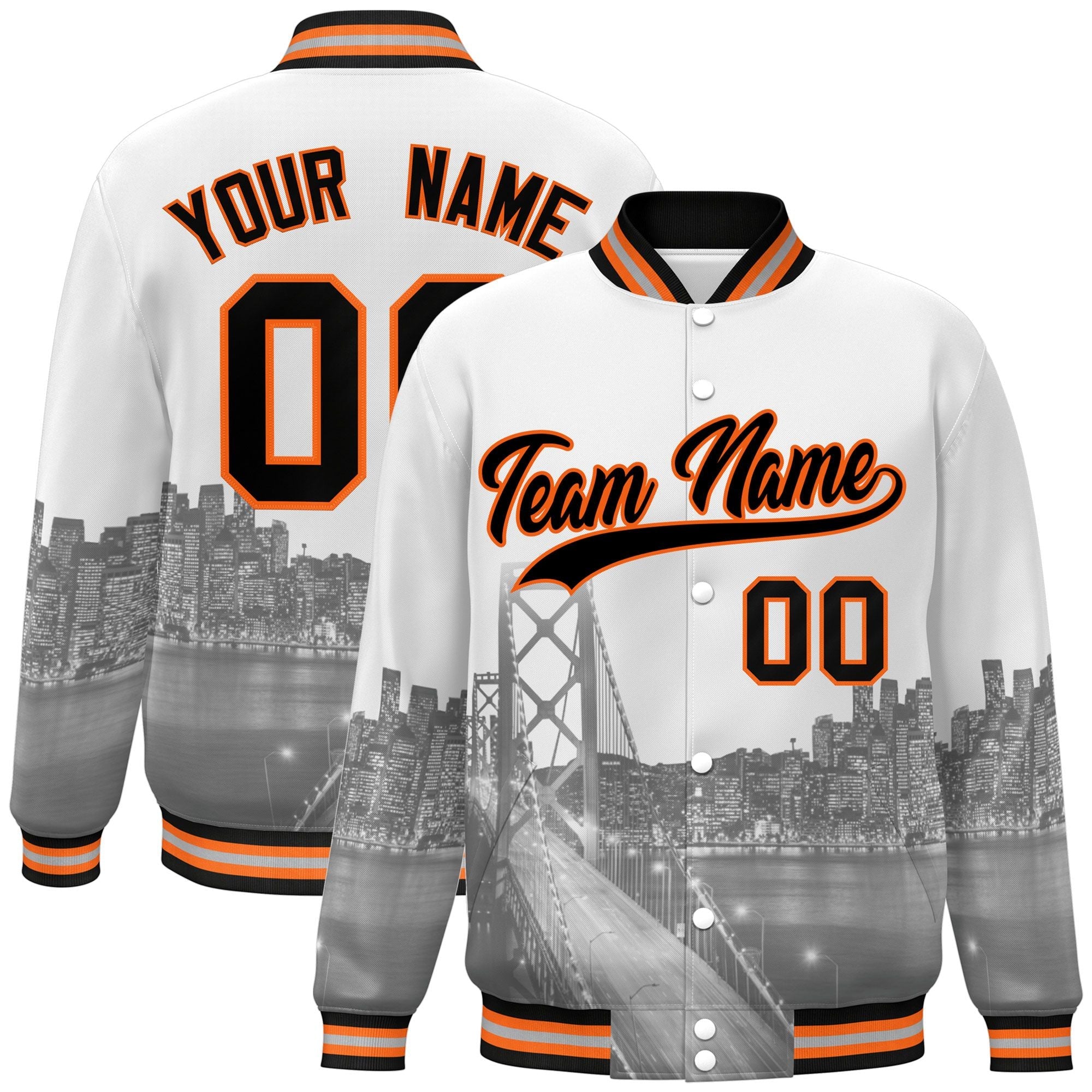 Custom White Black-Orange San Francisco City Connect Track Varsity Full-Snap Jacket