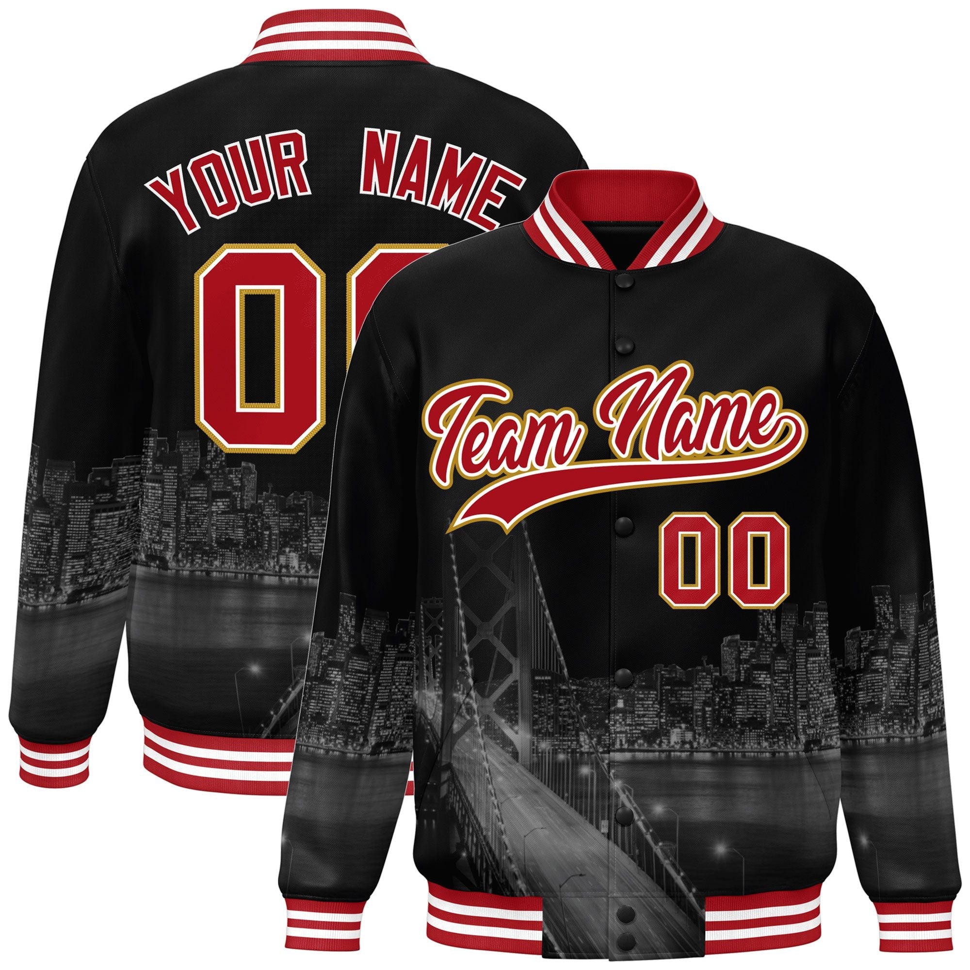 Custom Black Red-White San Francisco City Connect Track Varsity Full-Snap Jacket