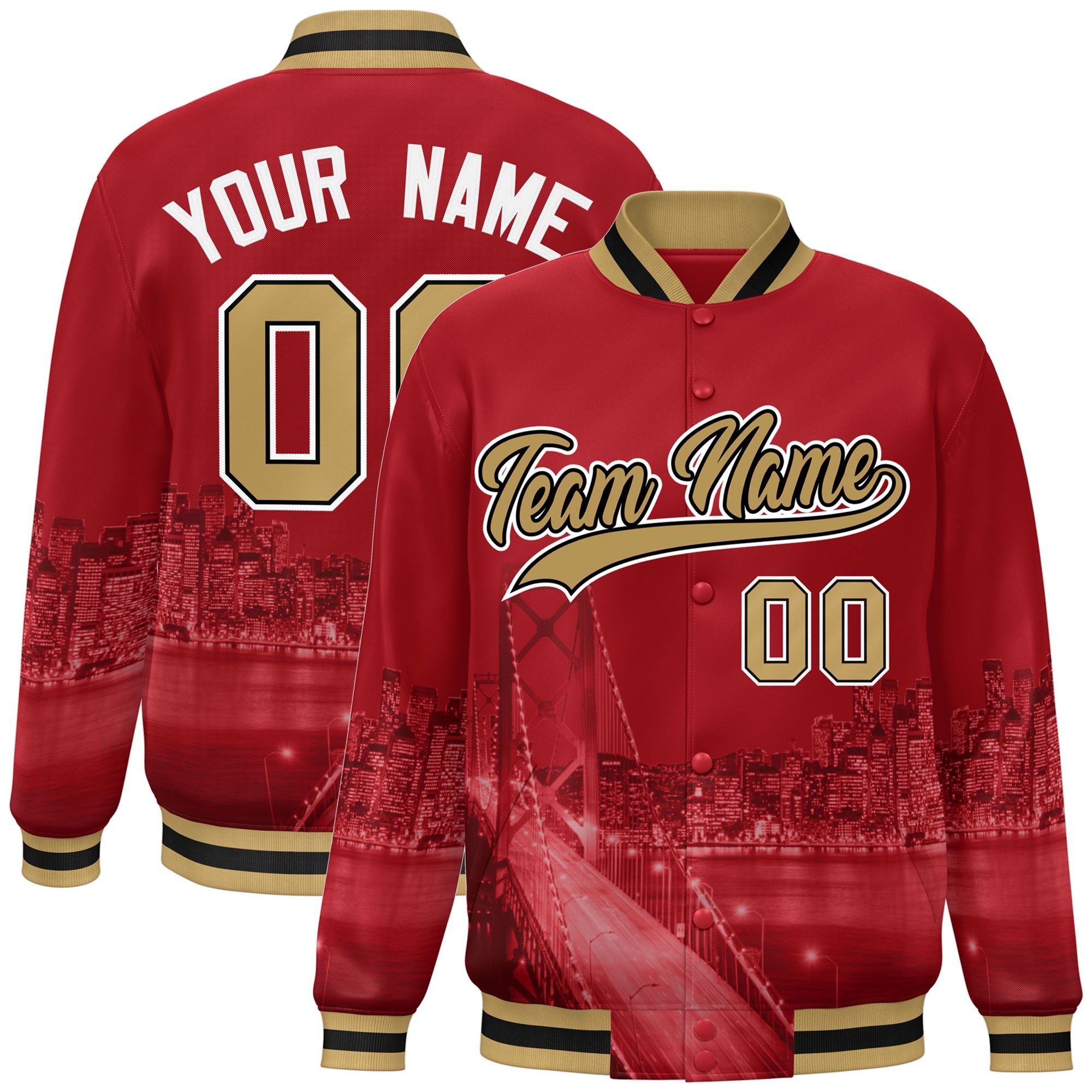 Custom Red Old Gold-White San Francisco City Connect Track Varsity Full-Snap Jacket