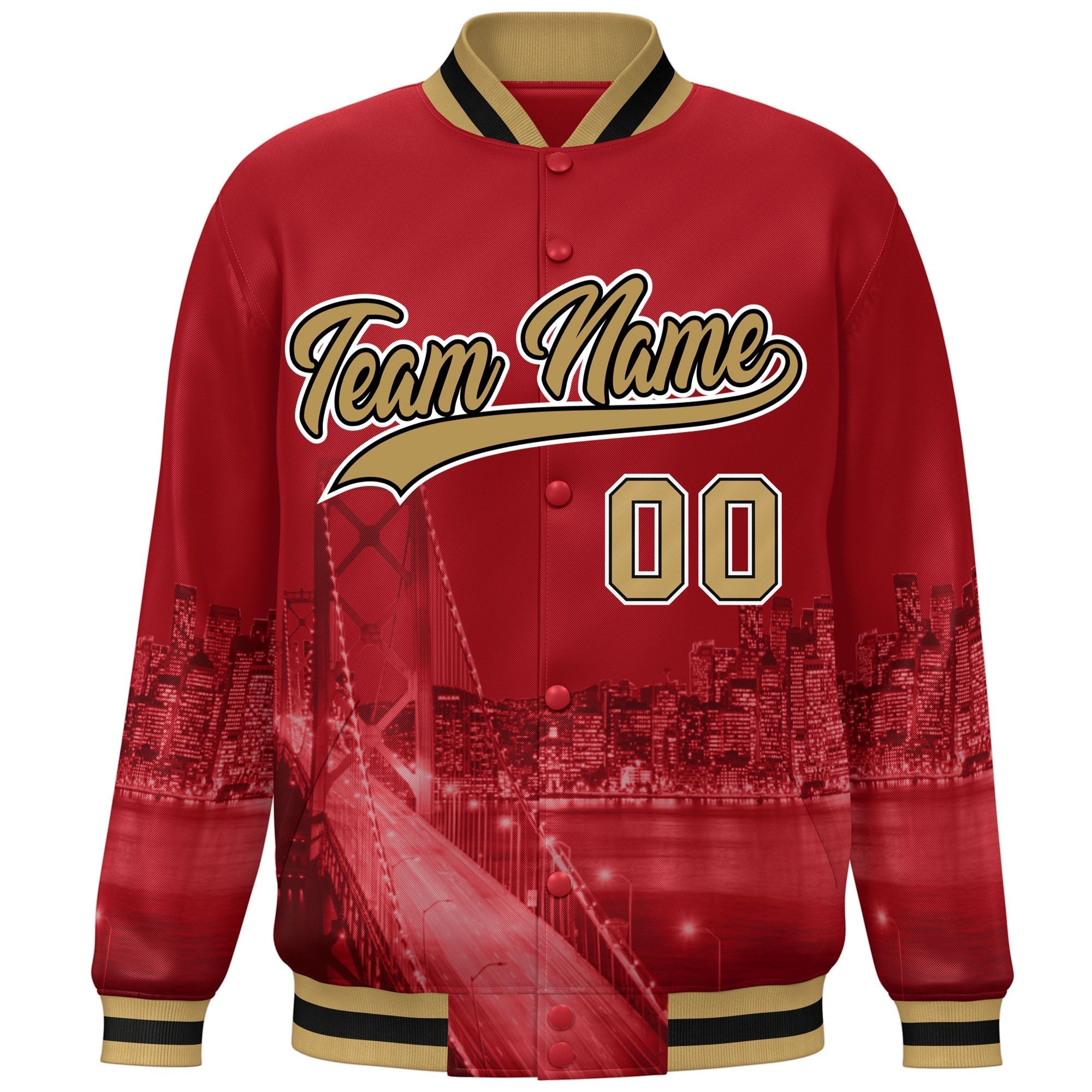 Custom Red Old Gold-White San Francisco City Connect Track Varsity Full-Snap Jacket