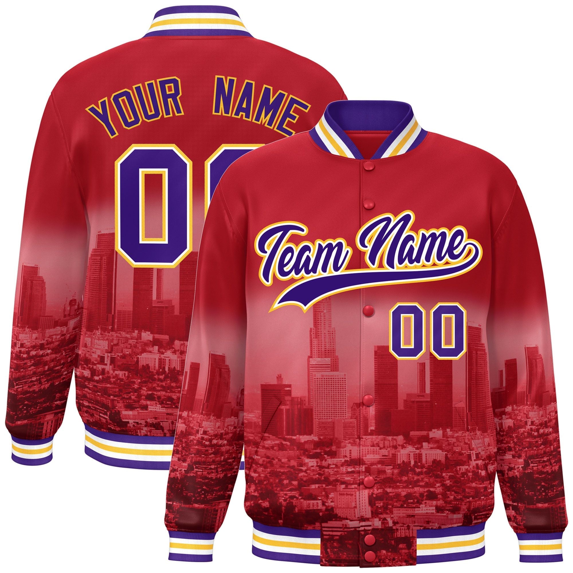 Custom Red Purple-Yellow Los Angeles City Connect Track Varsity Full-Snap Jacket