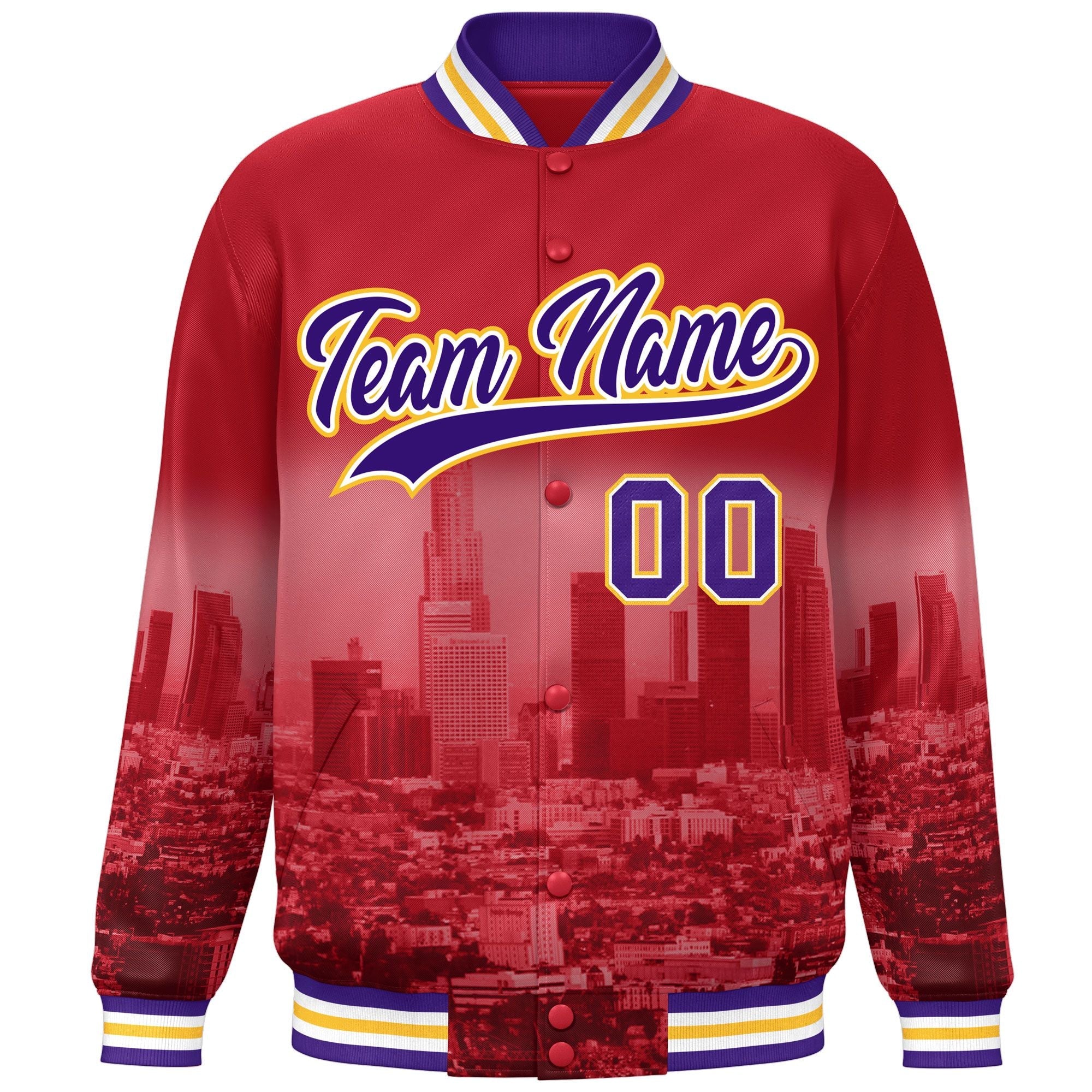 Custom Red Purple-Yellow Los Angeles City Connect Track Varsity Full-Snap Jacket