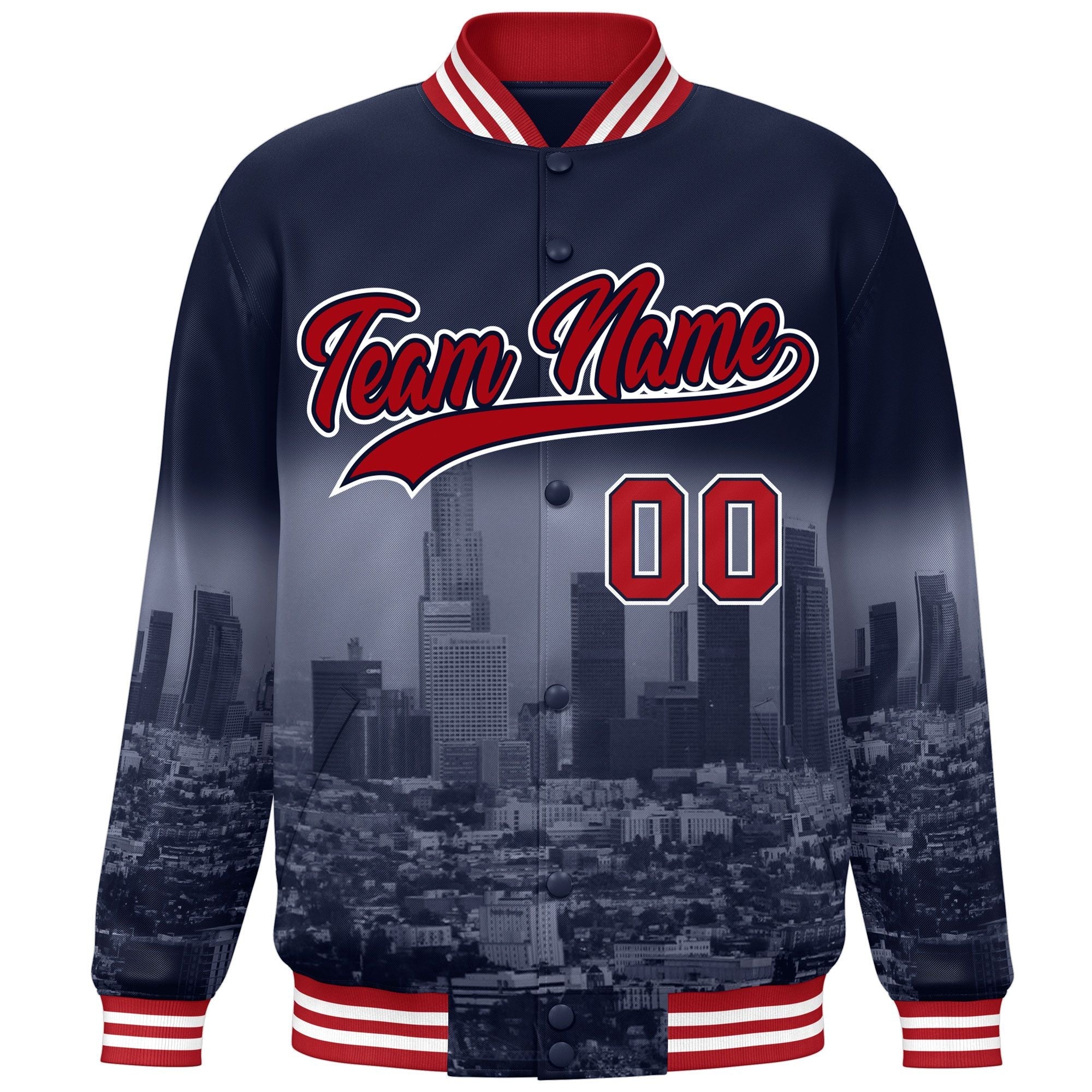 Custom Navy Red-White Los Angeles City Connect Track Varsity Full-Snap Jacket