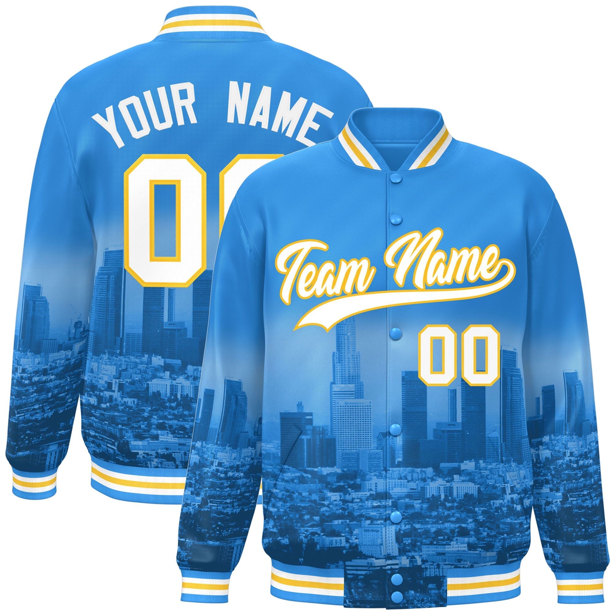 Custom Powder Blue White-Gold Los Angeles City Connect Track Varsity Full-Snap Jacket