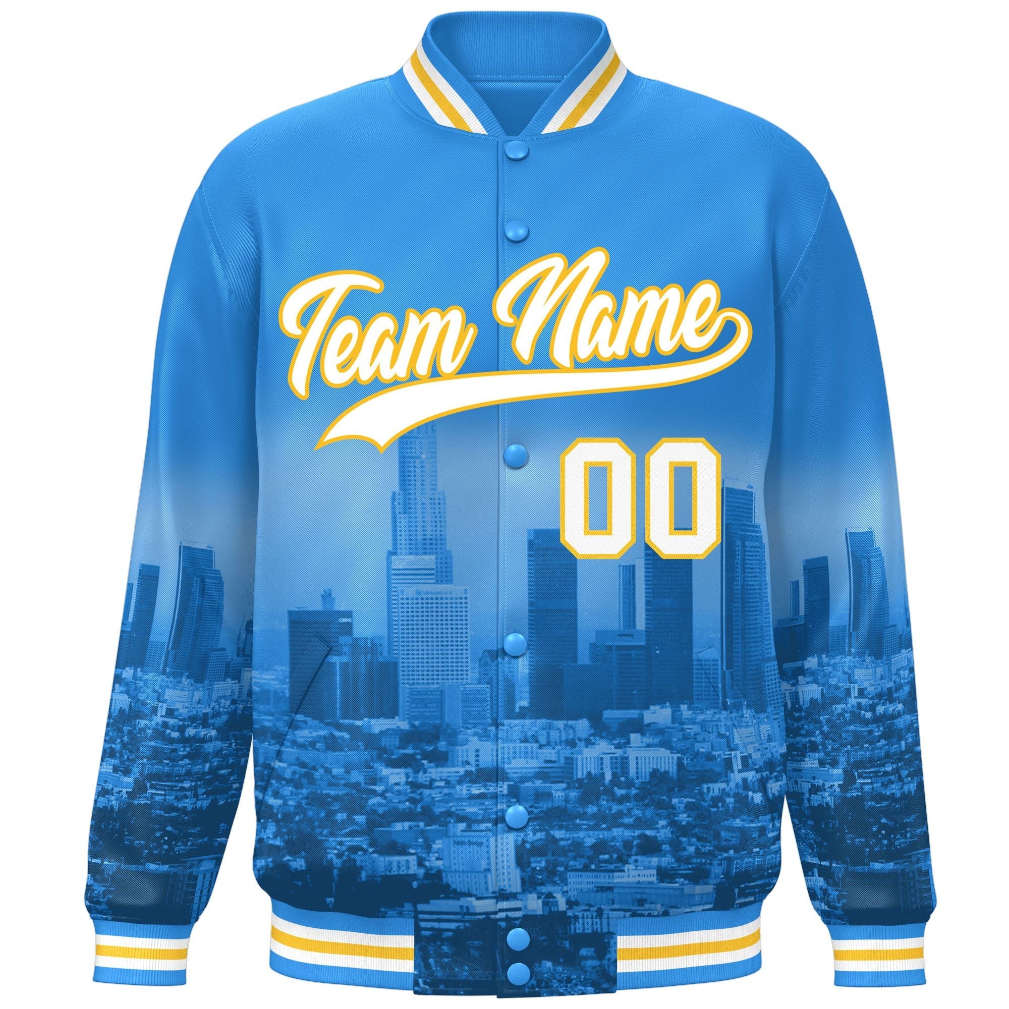 Custom Powder Blue White-Gold Los Angeles City Connect Track Varsity Full-Snap Jacket