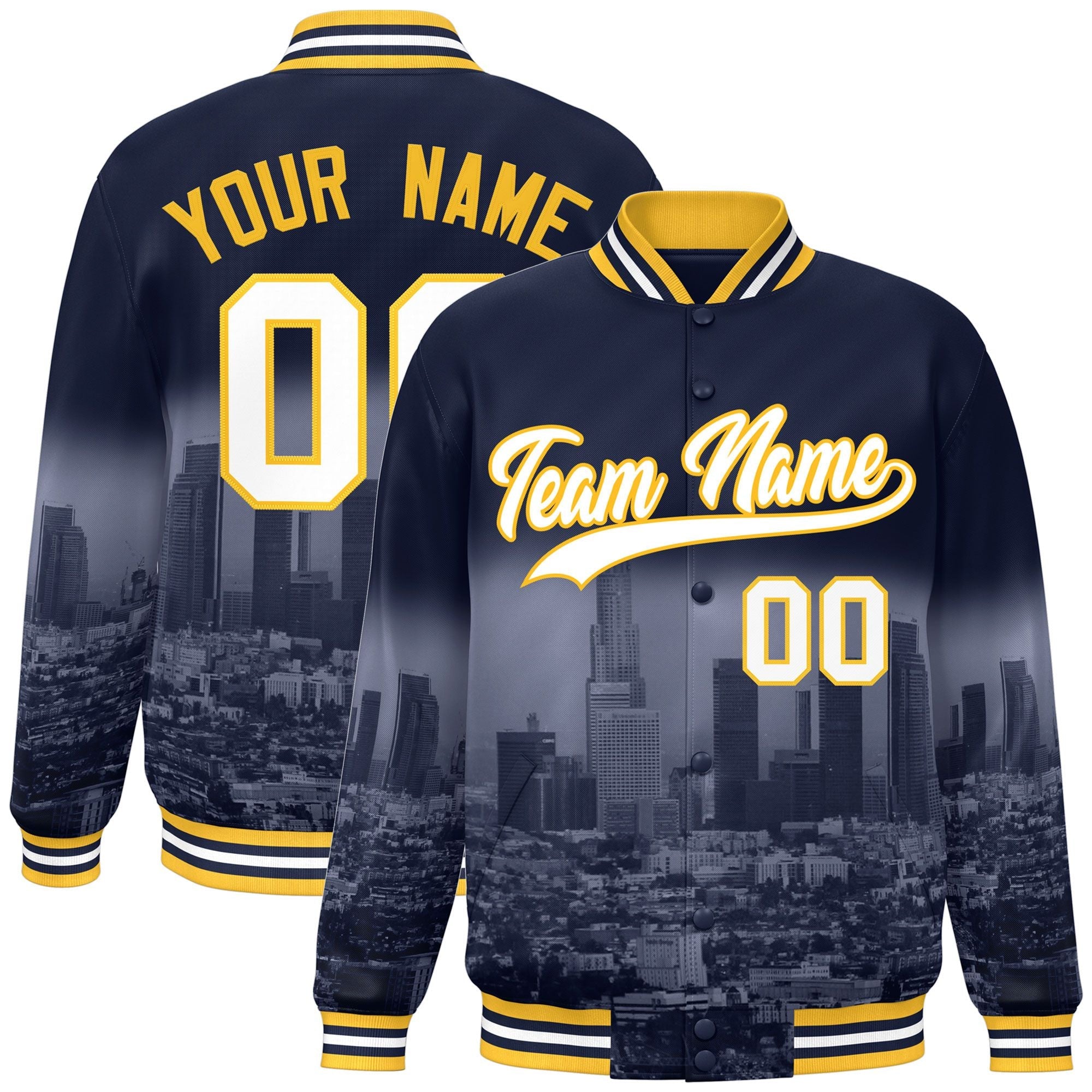 Custom Navy White-Gold Los Angeles City Connect Track Varsity Full-Snap Jacket