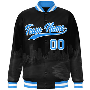 Custom Black Powder Blue-White Miami City Connect Track Varsity Full-Snap Jacket