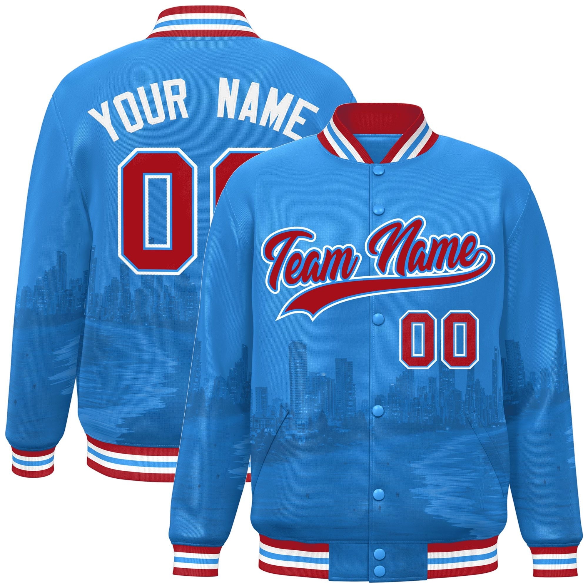 Custom Powder Blue Red-White Miami City Connect Track Varsity Full-Snap Jacket