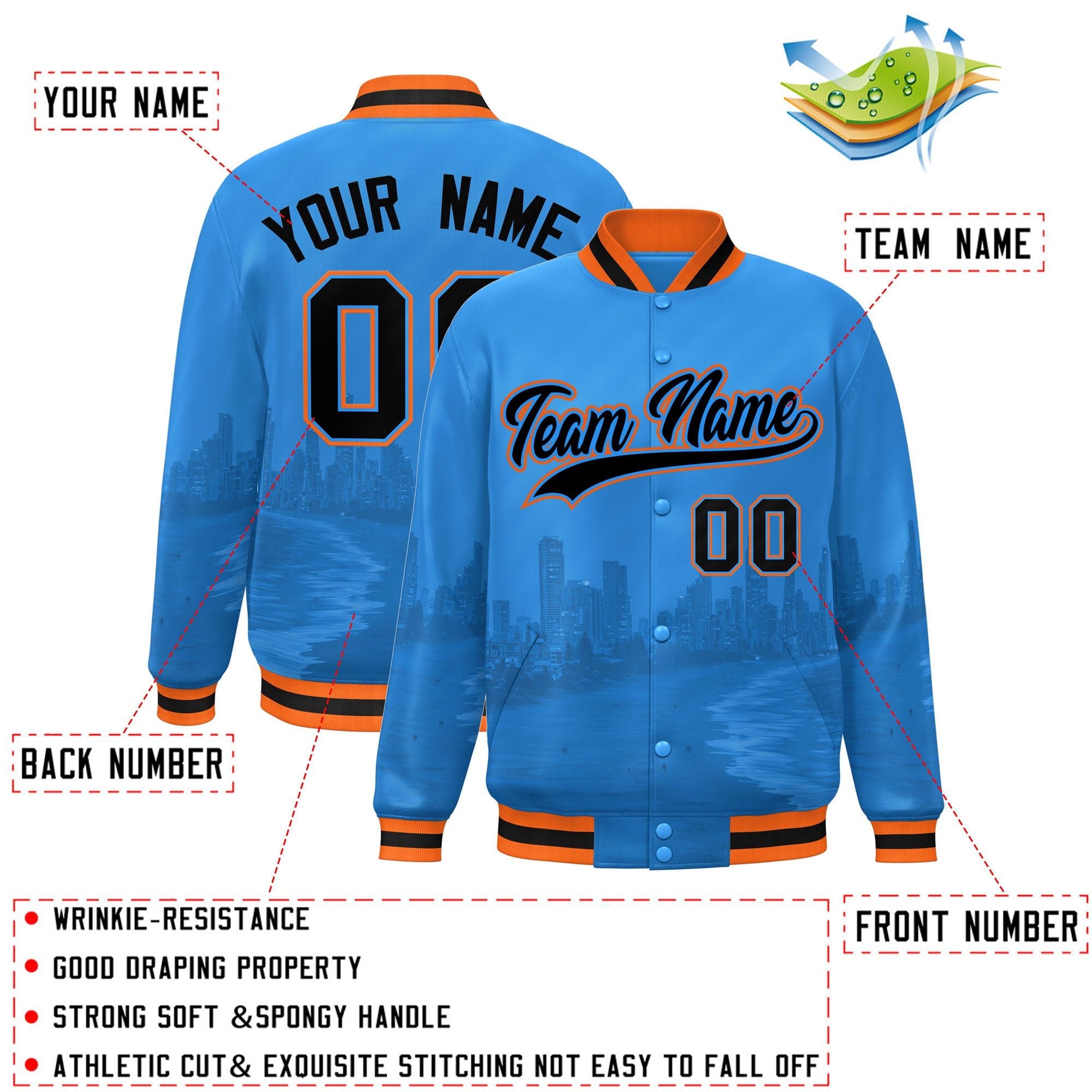 Custom Powder Blue Black-Orange Miami City Connect Track Varsity Full-Snap Jacket