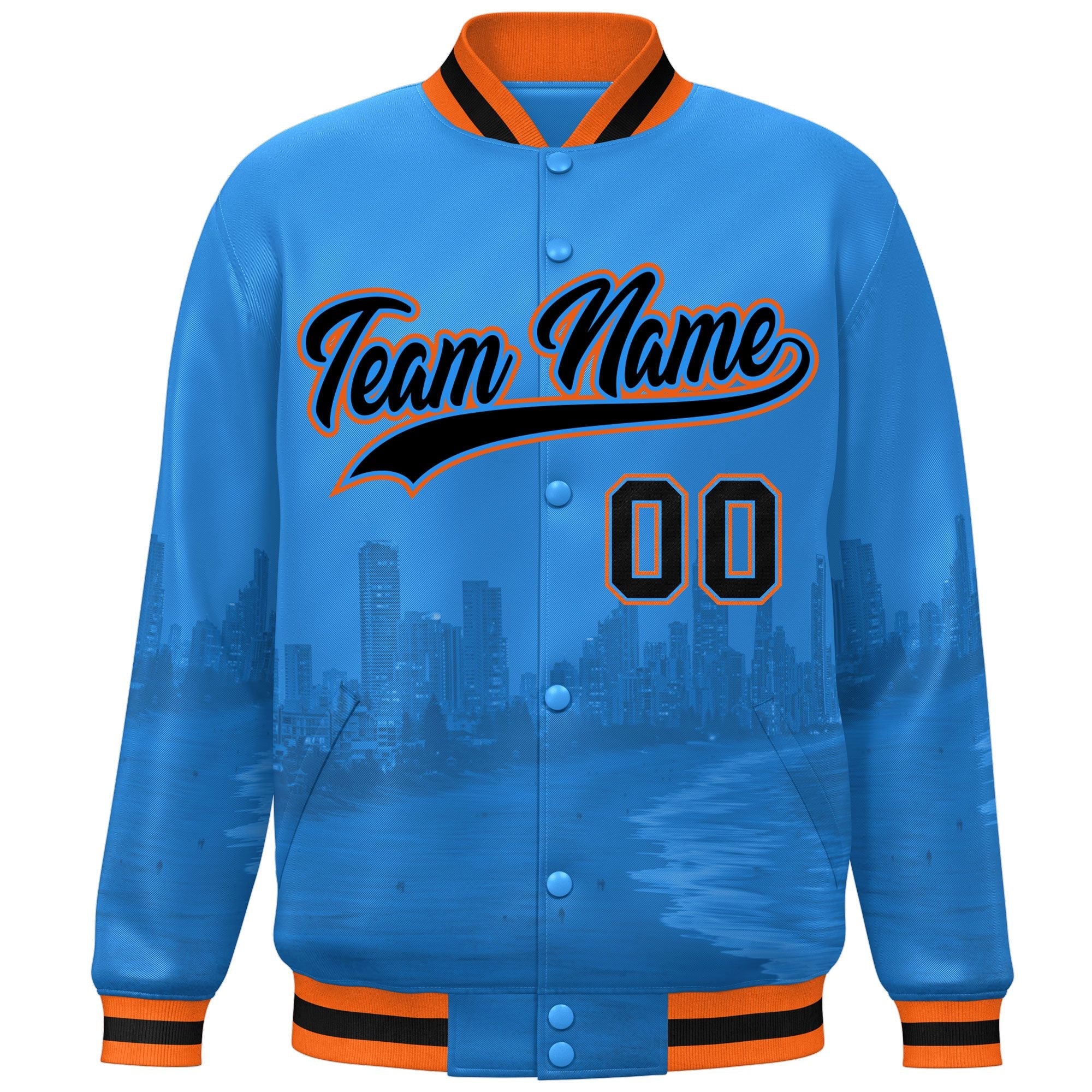 Custom Powder Blue Black-Orange Miami City Connect Track Varsity Full-Snap Jacket