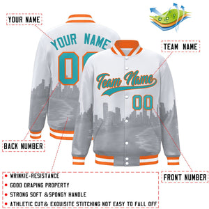 Custom White Aqua-Orange Miami City Connect Track Varsity Full-Snap Jacket