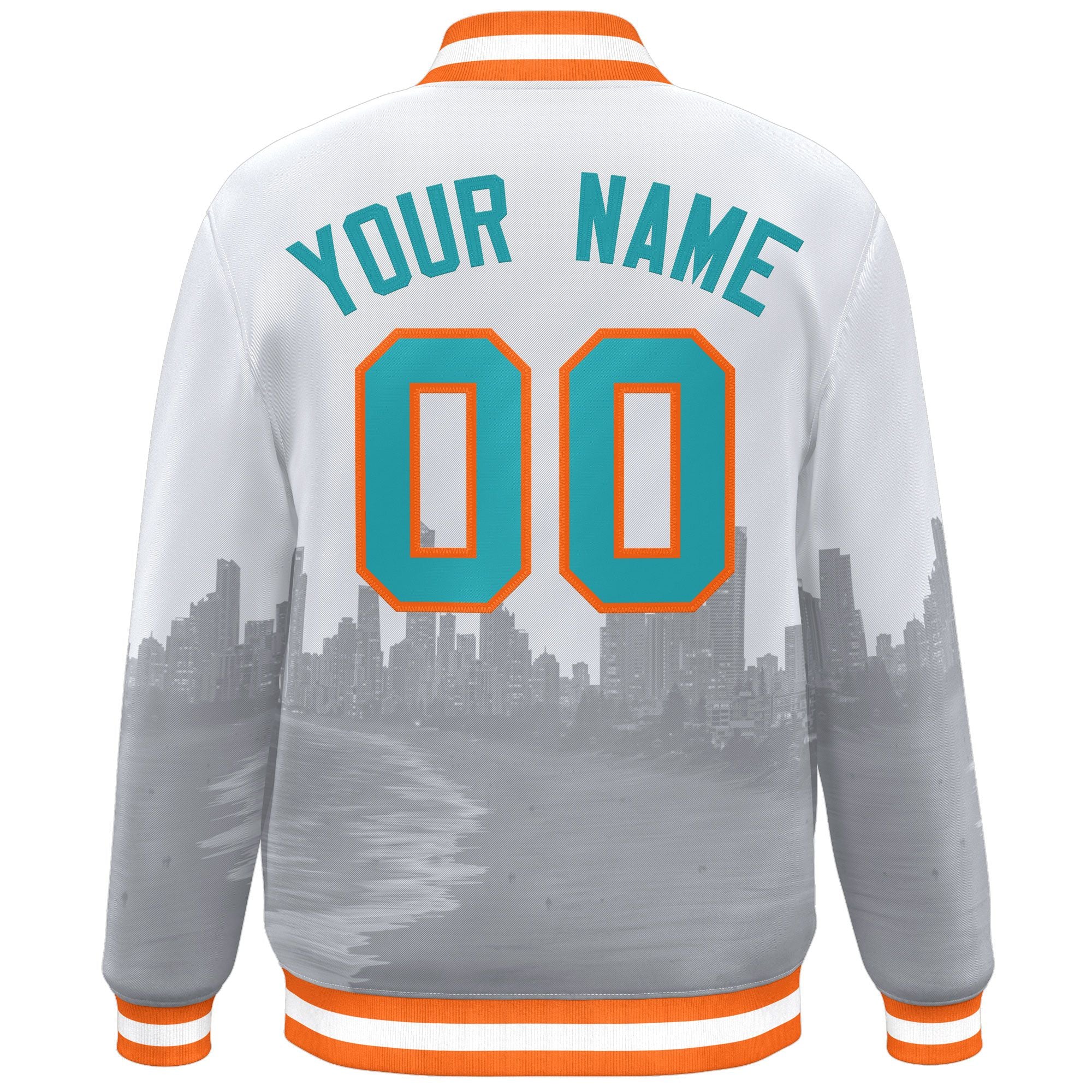 Custom White Aqua-Orange Miami City Connect Track Varsity Full-Snap Jacket