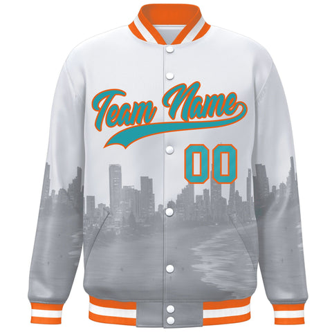 Custom White Aqua-Orange Miami City Connect Track Varsity Full-Snap Jacket