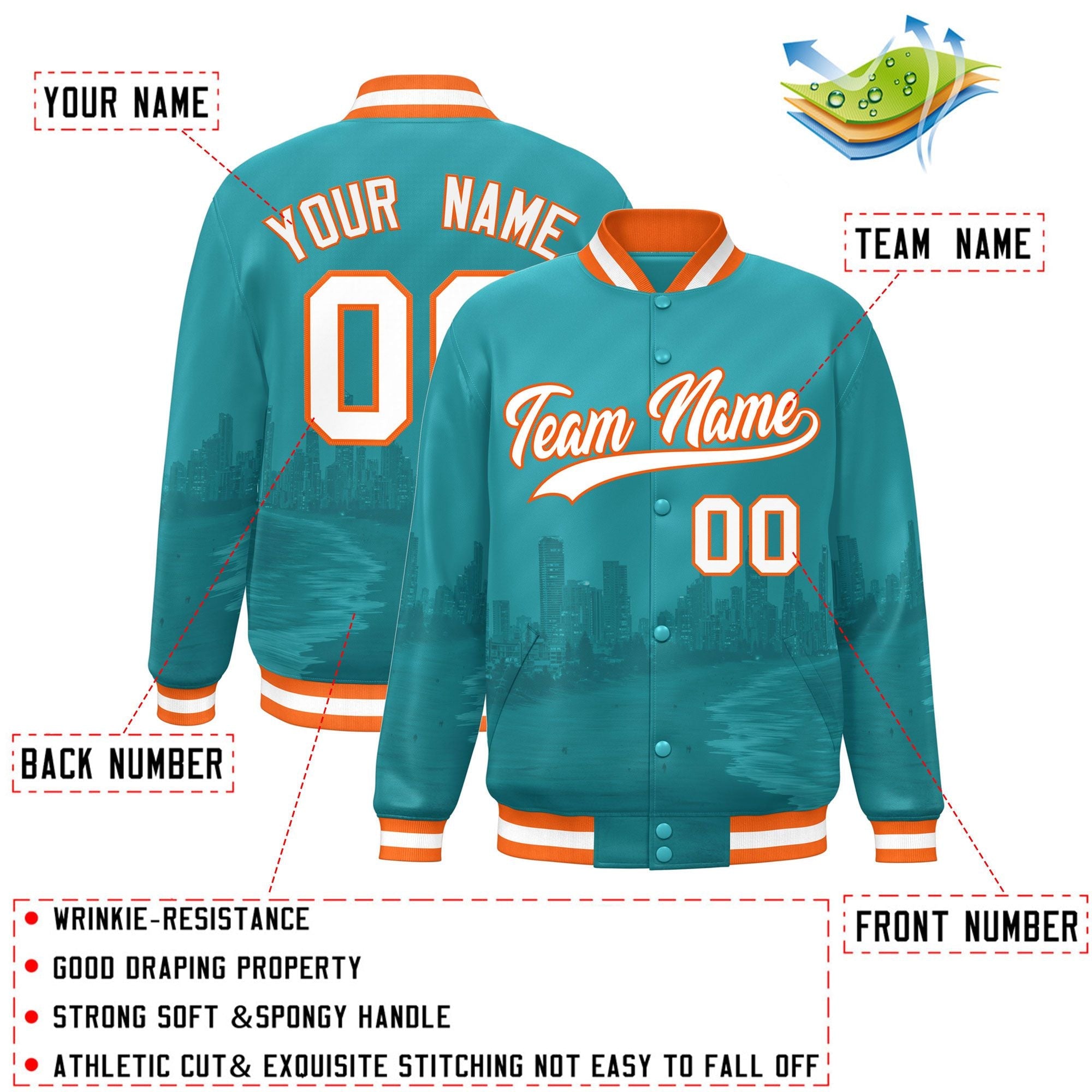 Custom Aqua White-Orange Miami City Connect Track Varsity Full-Snap Jacket