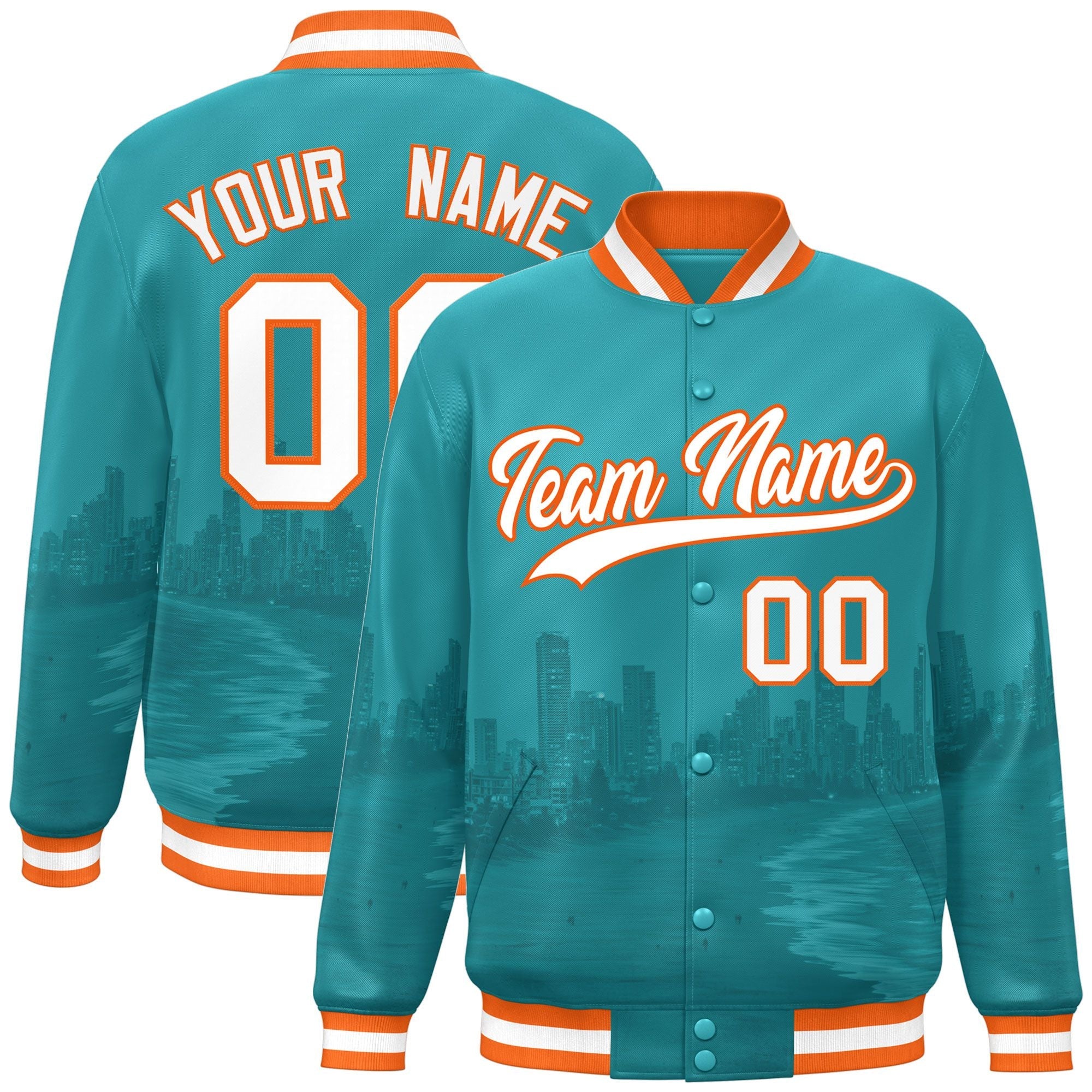 Custom Aqua White-Orange Miami City Connect Track Varsity Full-Snap Jacket