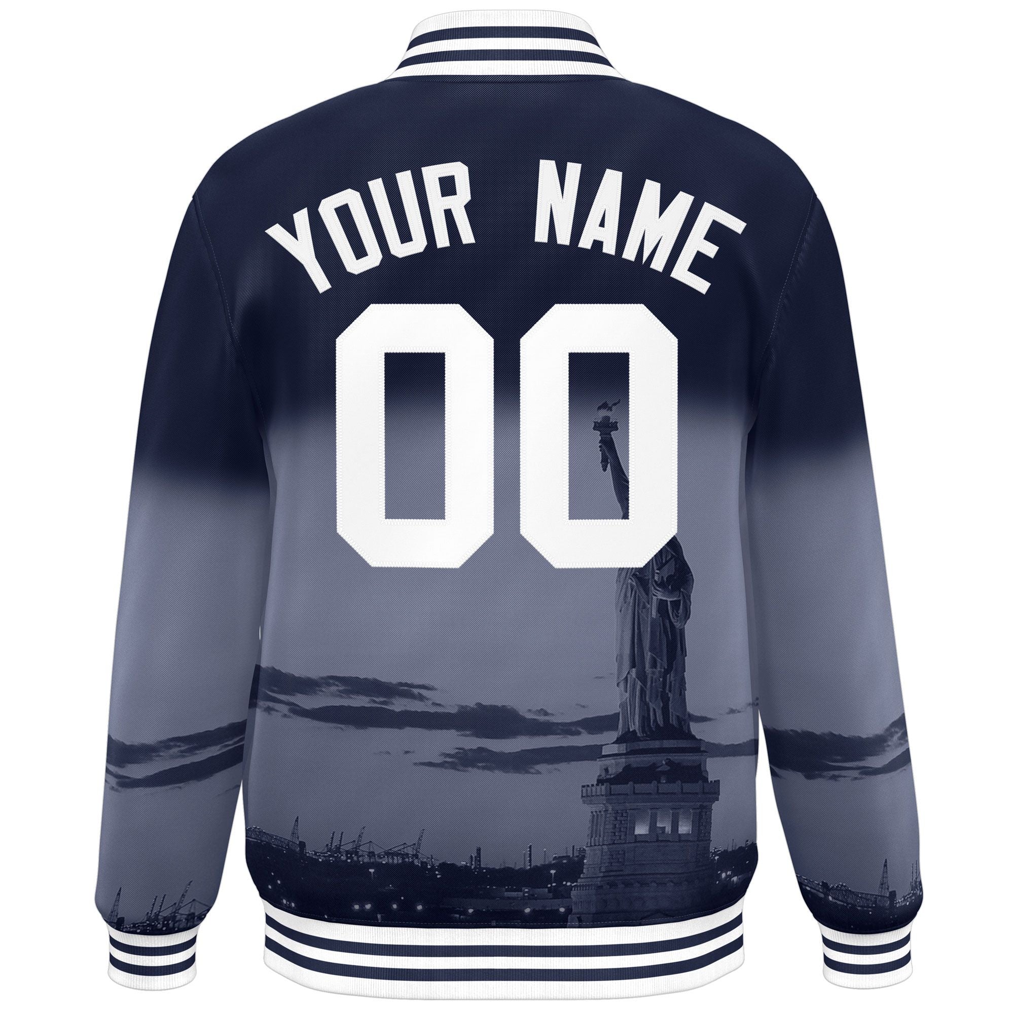 Custom Navy White New York City Connect Track Varsity Full-Snap Jacket