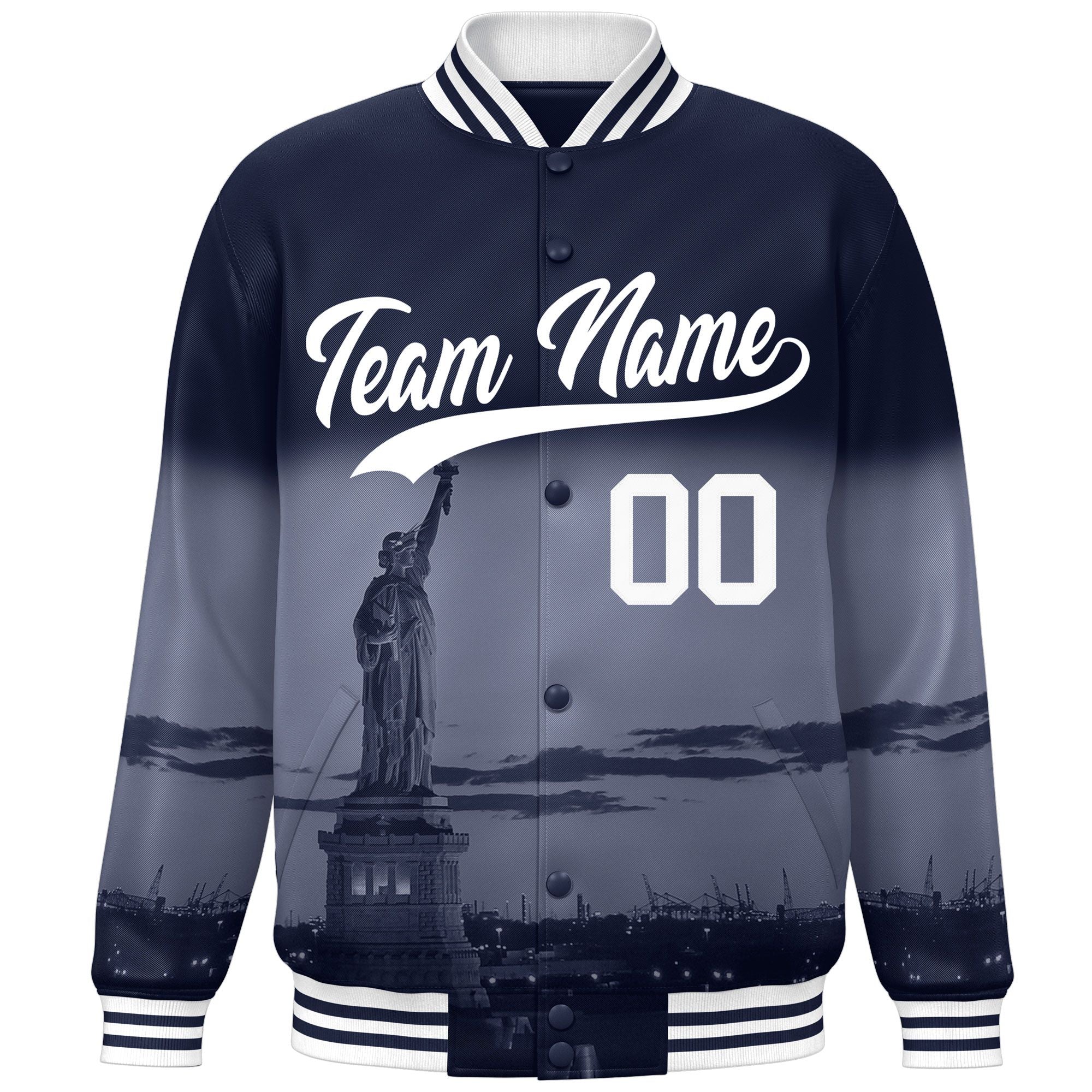 Custom Navy White New York City Connect Track Varsity Full-Snap Jacket