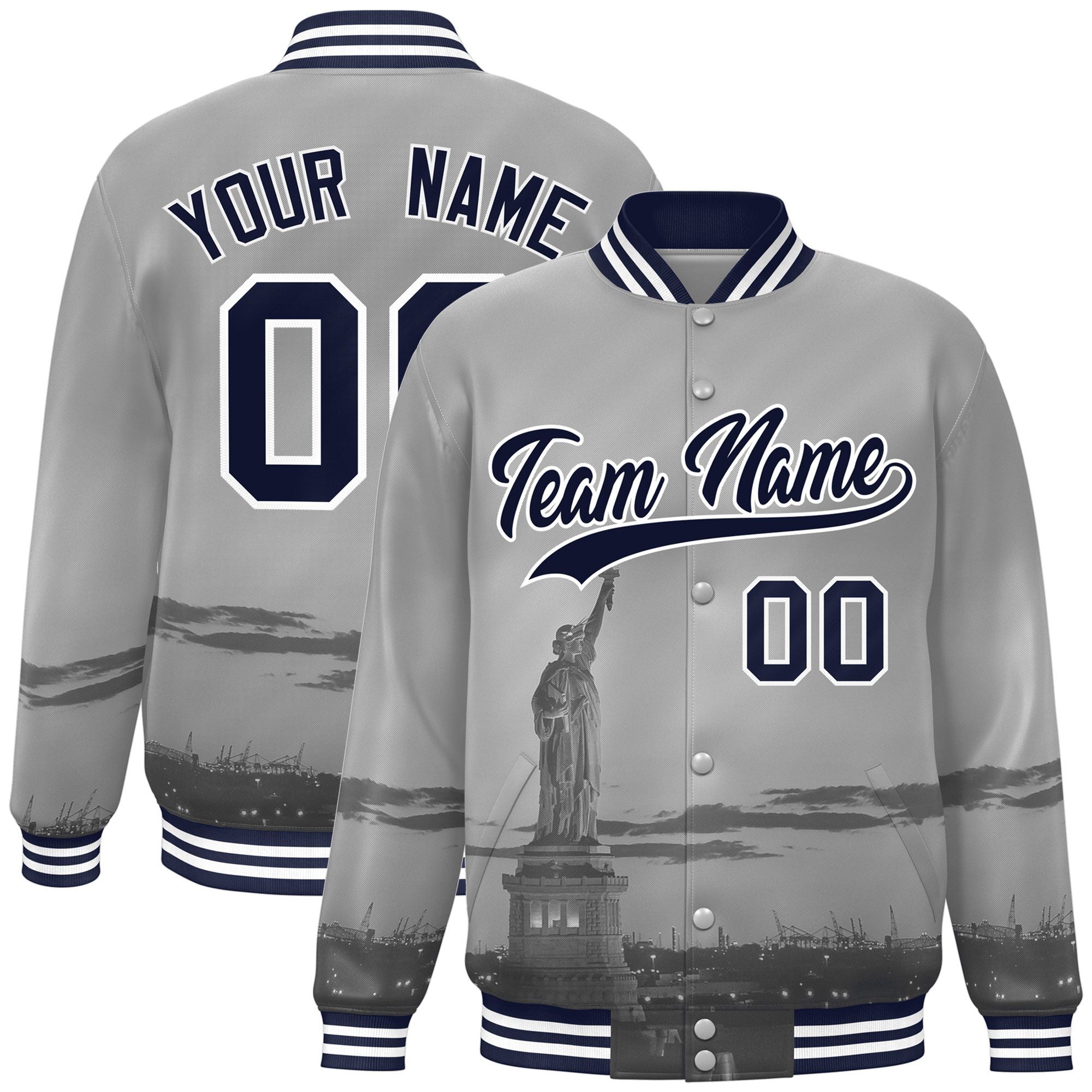 Custom Gray Navy-White New York City Connect Track Varsity Full-Snap Jacket