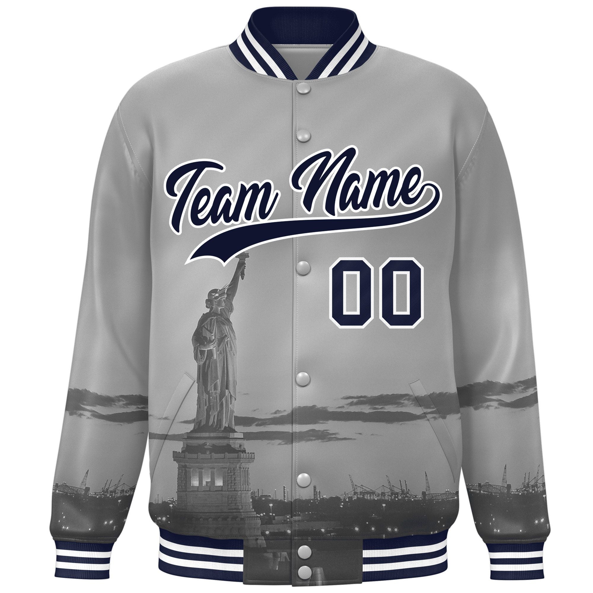 Custom Gray Navy-White New York City Connect Track Varsity Full-Snap Jacket