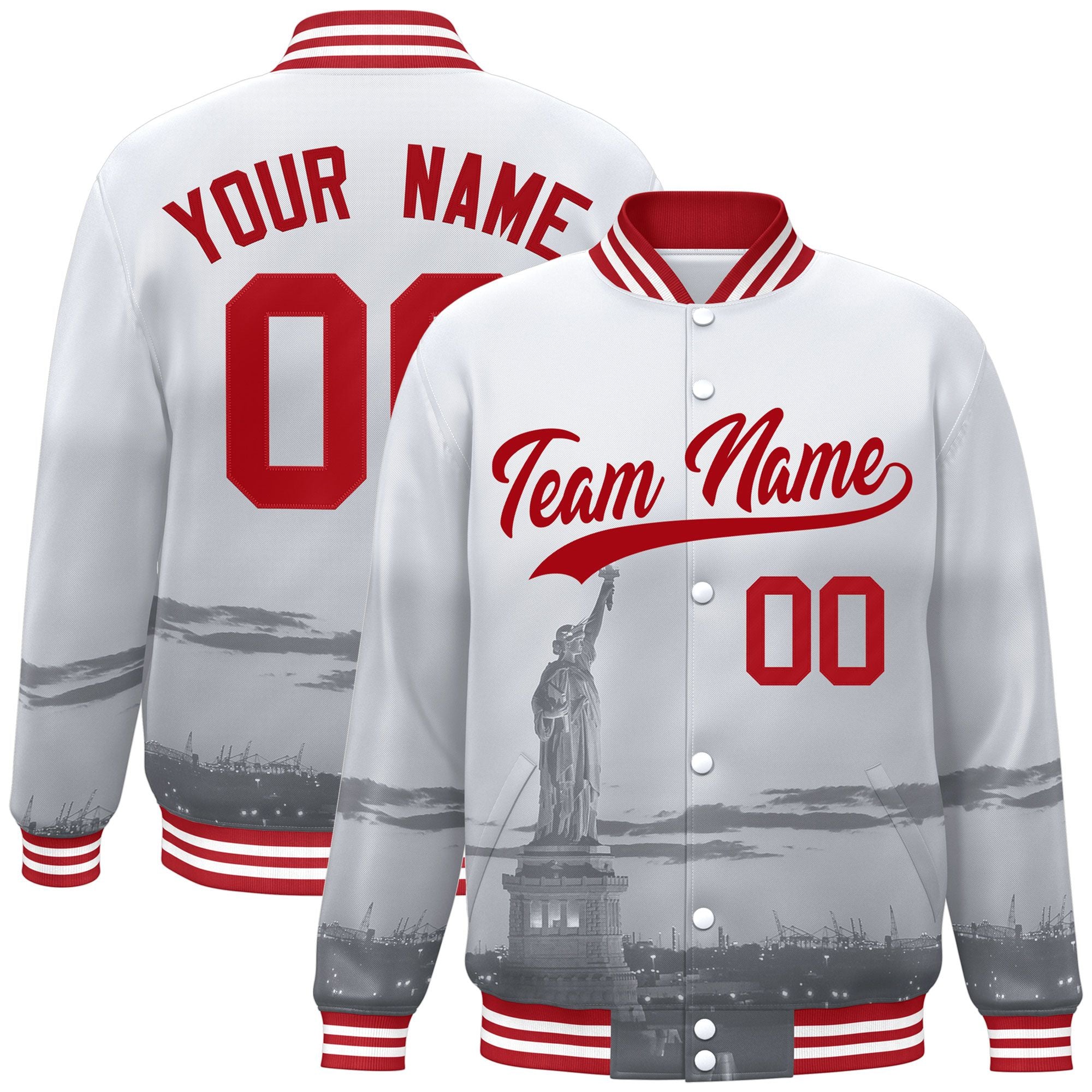 Custom White Red New York City Connect Track Varsity Full-Snap Jacket