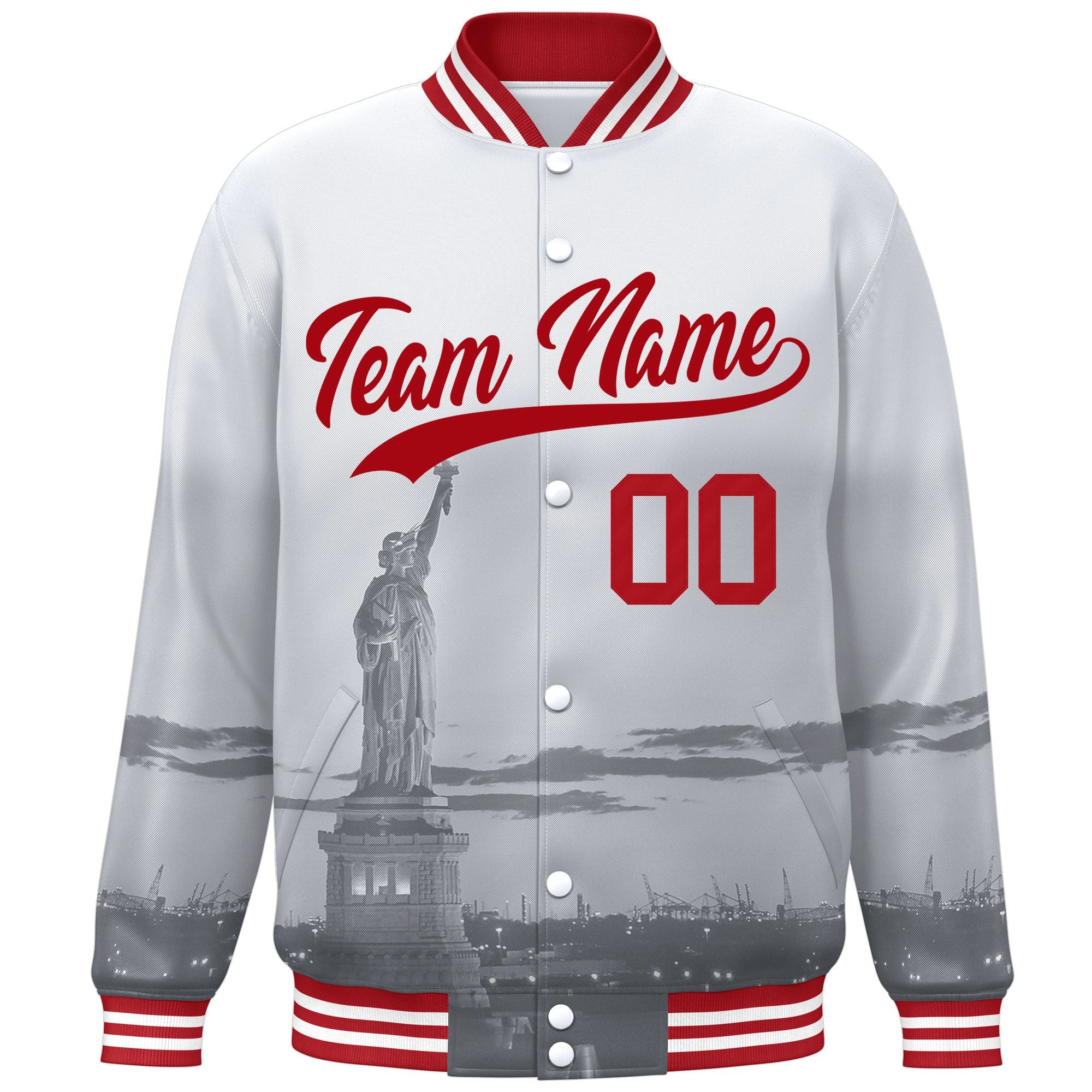 Custom White Red New York City Connect Track Varsity Full-Snap Jacket