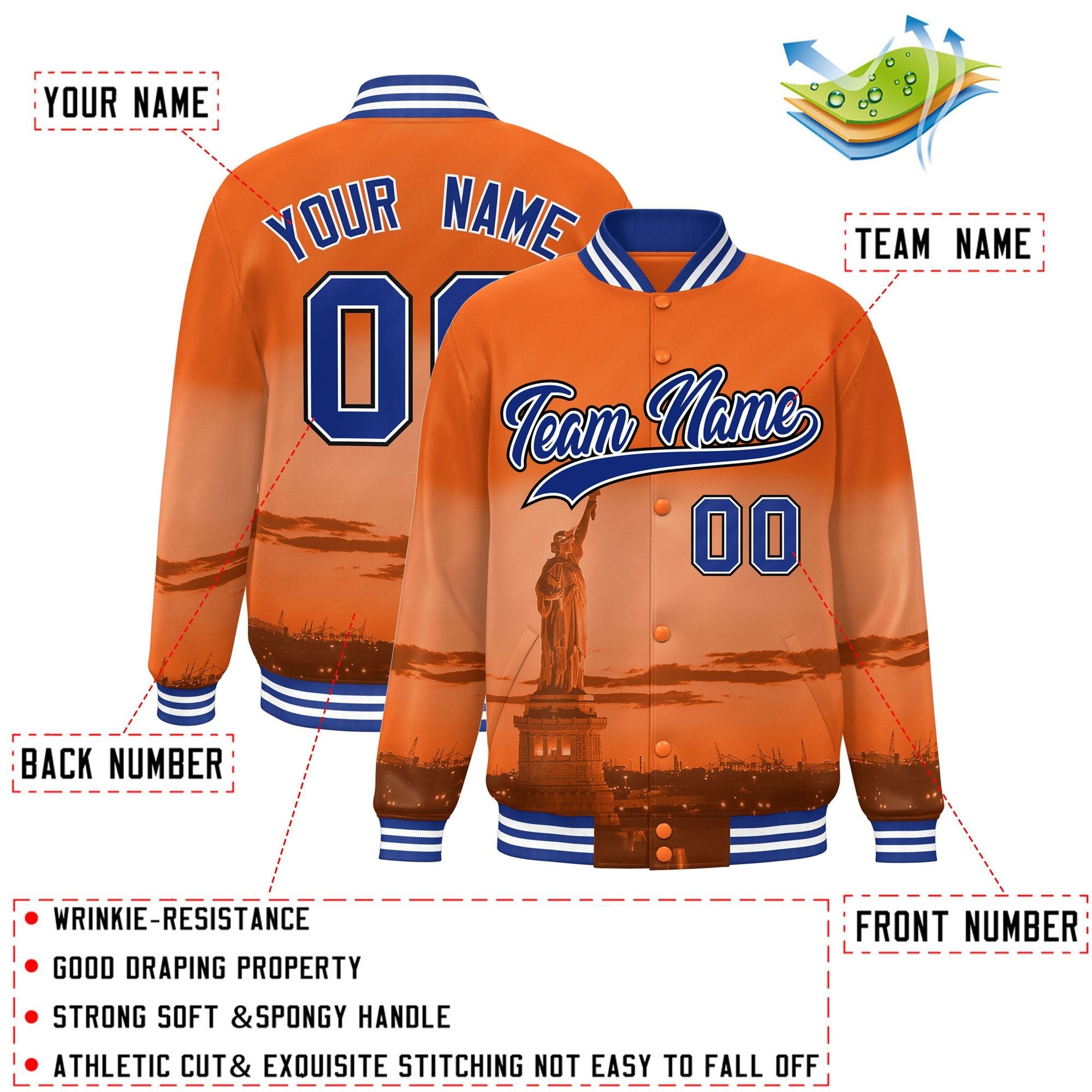 Custom Orange Royal-Black New York City Connect Track Varsity Full-Snap Jacket