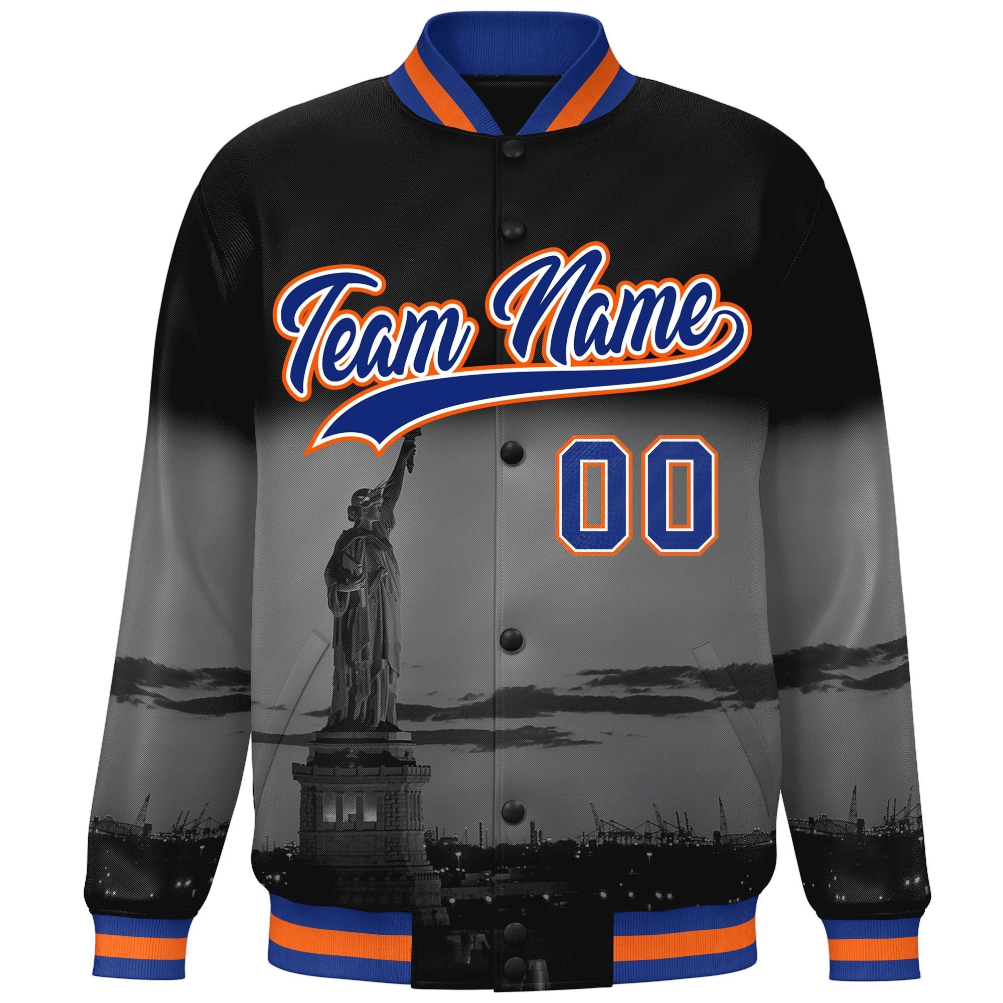 Custom Black Royal-Orange New York City Connect Track Varsity Full-Snap Jacket