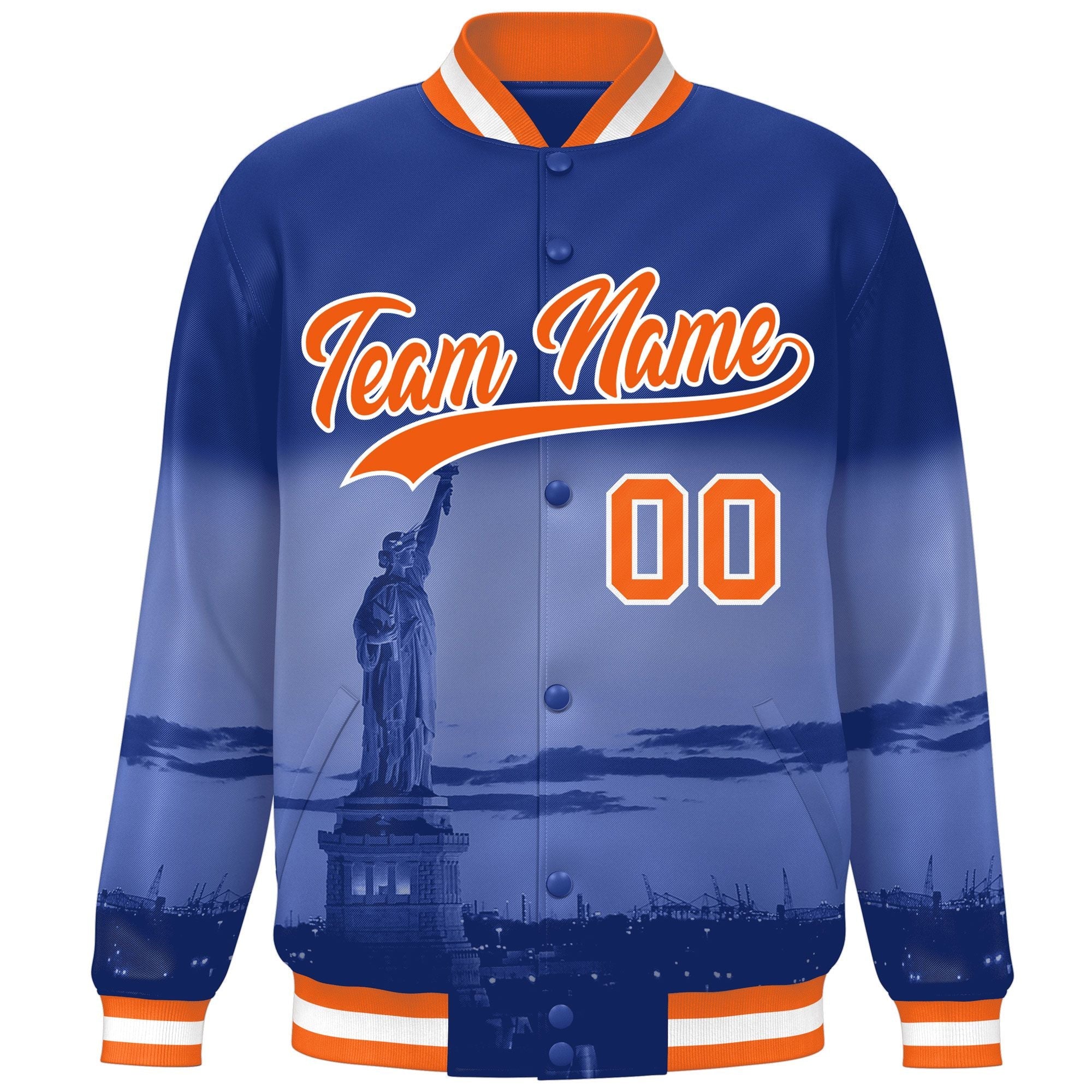 Custom Royal Orange-White New York City Connect Track Varsity Full-Snap Jacket