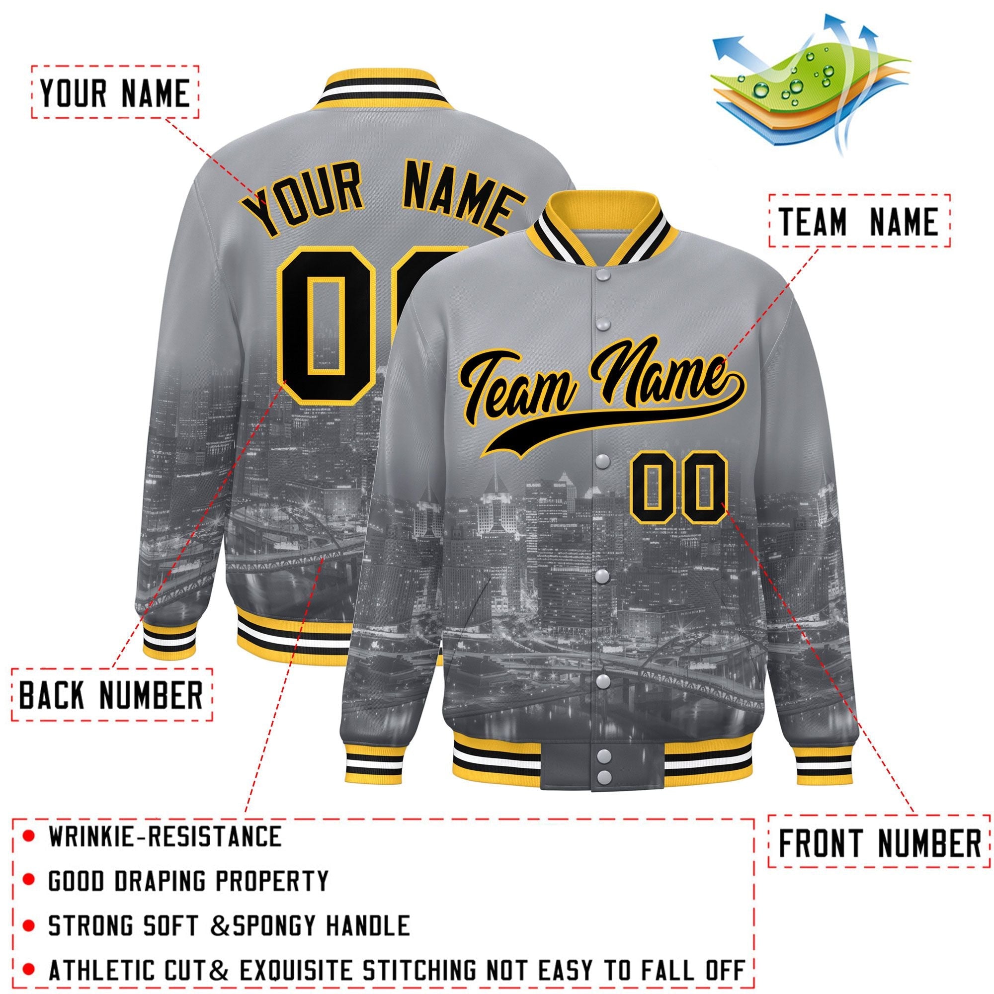 Custom Gray Black-Gold Pittsburgh City Connect Track Varsity Full-Snap Jacket