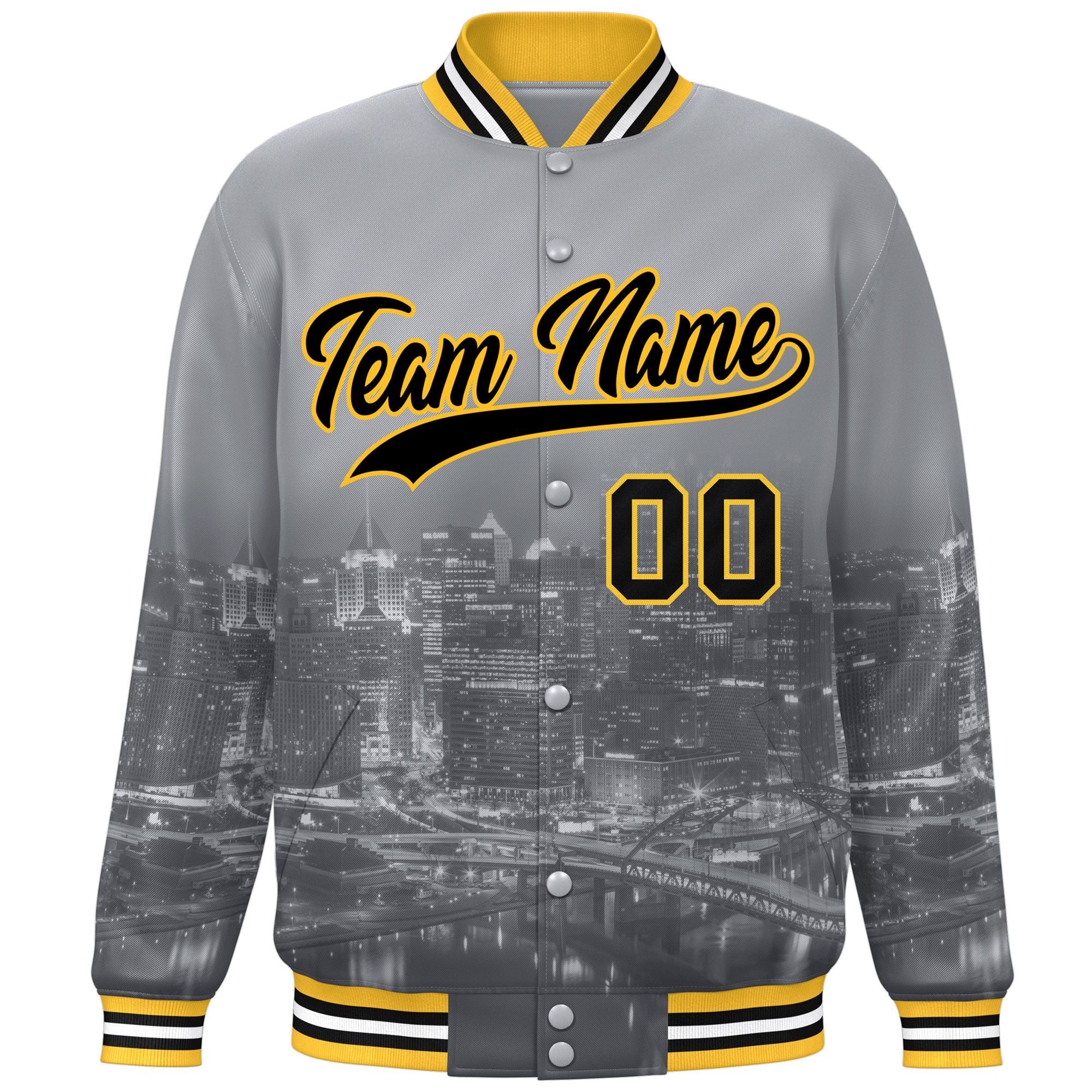 Custom Gray Black-Gold Pittsburgh City Connect Track Varsity Full-Snap Jacket