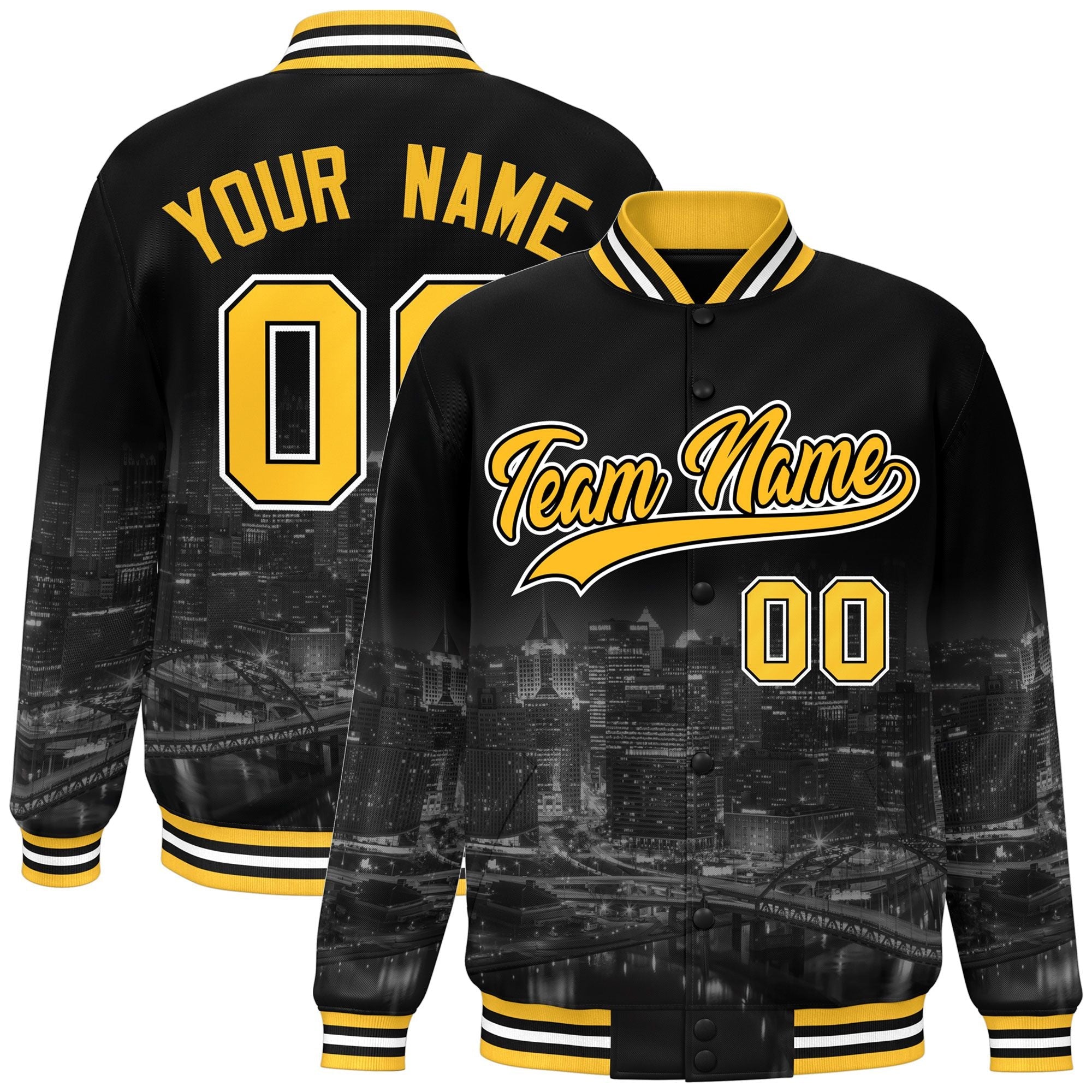 Custom Black Gold-White Pittsburgh City Connect Track Varsity Full-Snap Jacket