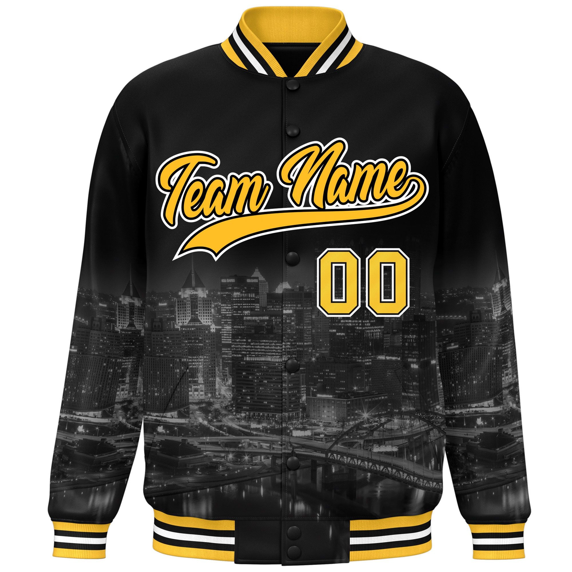 Custom Black Gold-White Pittsburgh City Connect Track Varsity Full-Snap Jacket