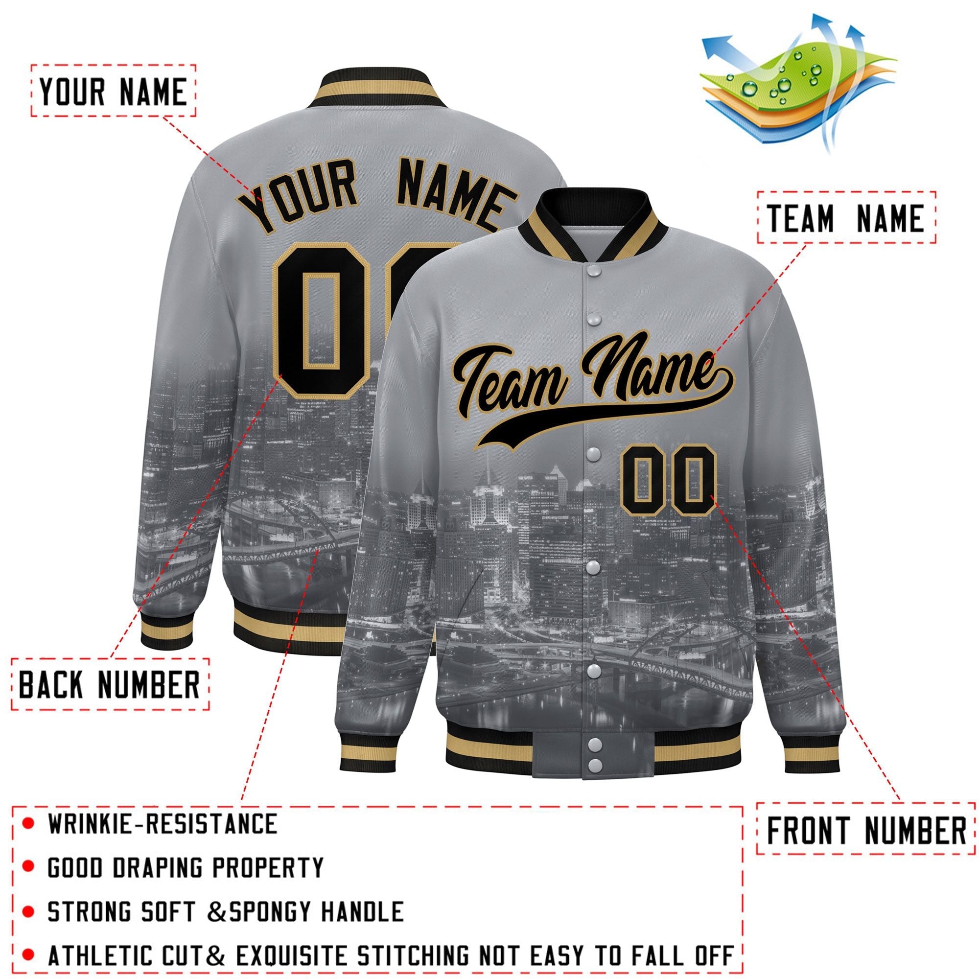 Custom Gray Black-Old Gold Pittsburgh City Connect Track Varsity Full-Snap Jacket