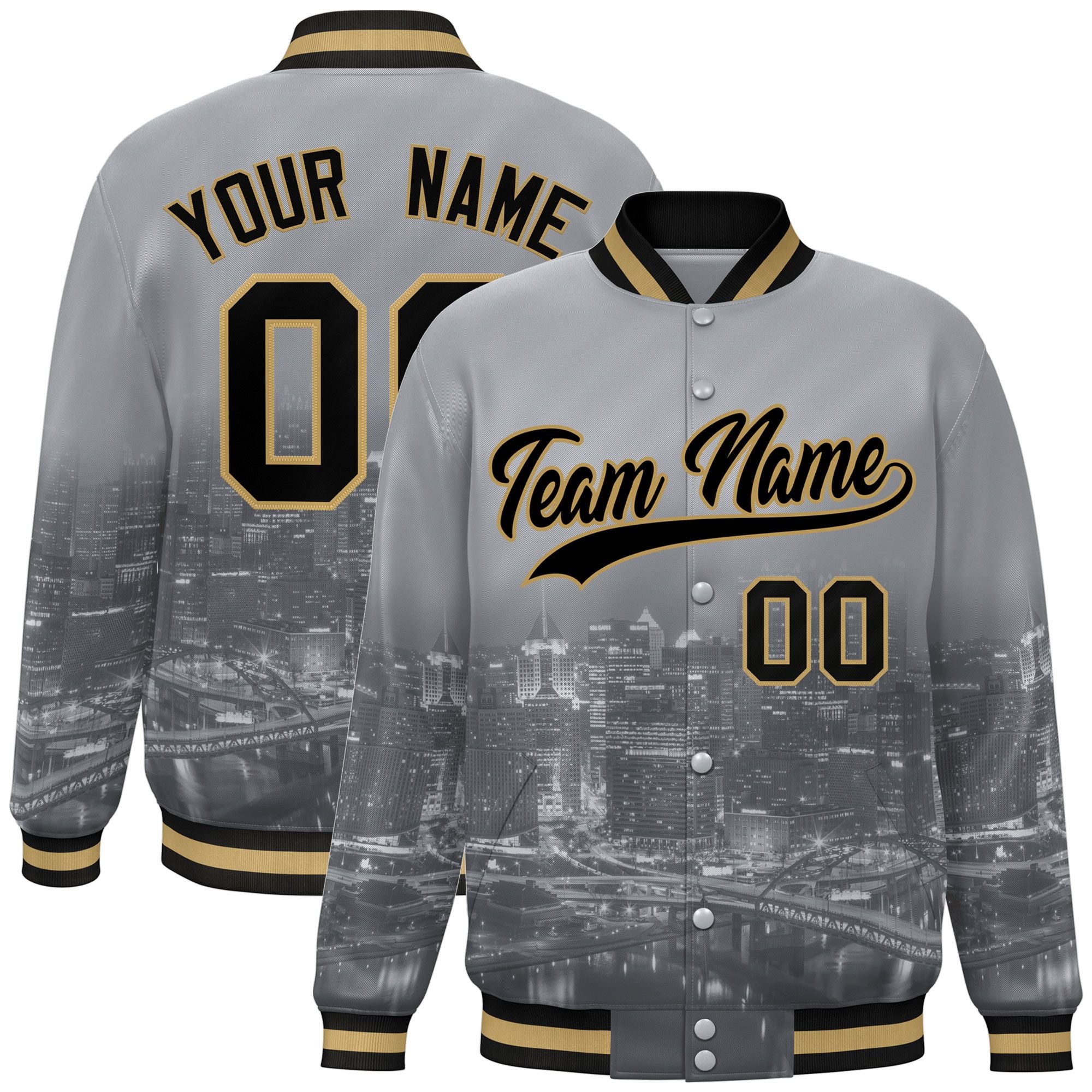 Custom Gray Black-Old Gold Pittsburgh City Connect Track Varsity Full-Snap Jacket