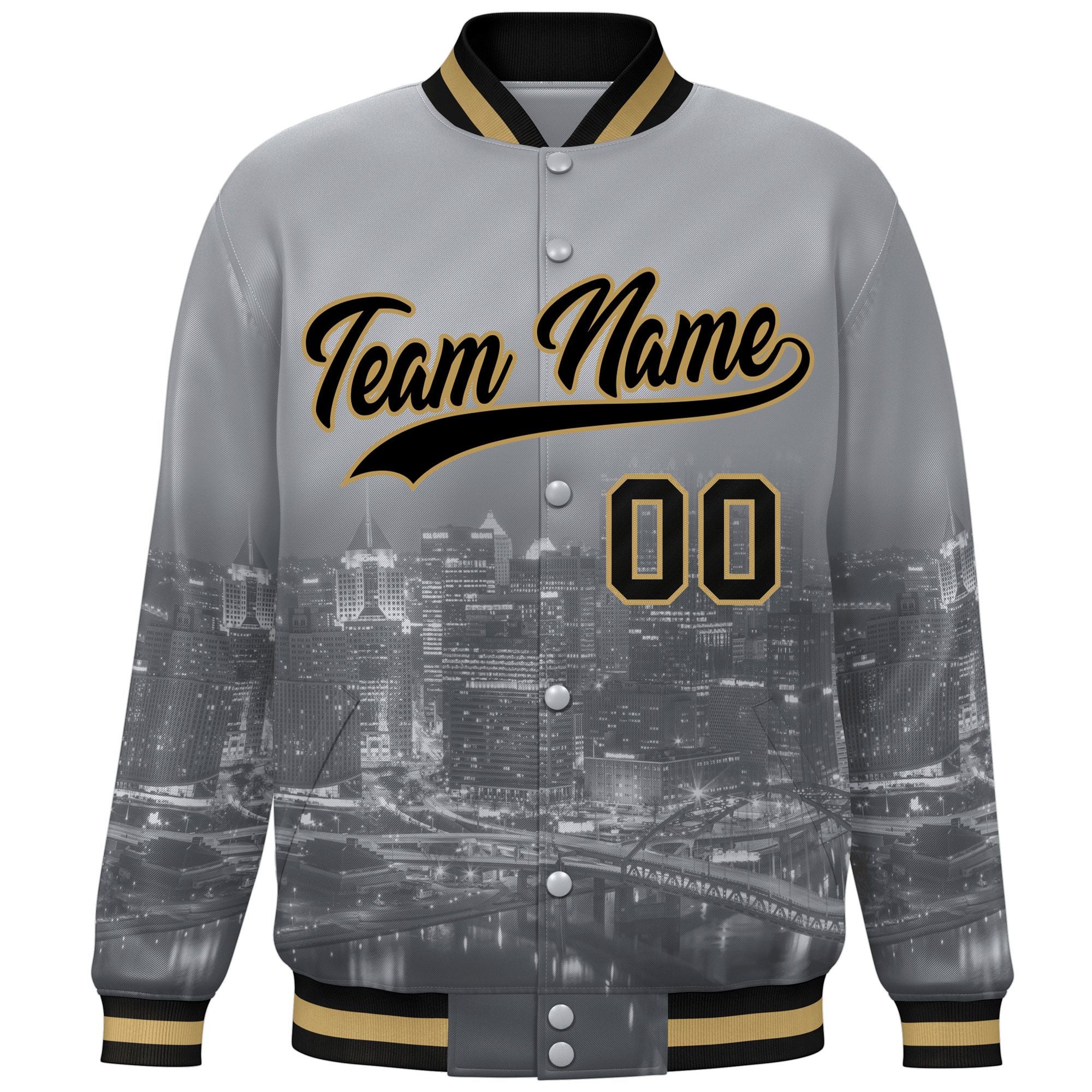 Custom Gray Black-Old Gold Pittsburgh City Connect Track Varsity Full-Snap Jacket