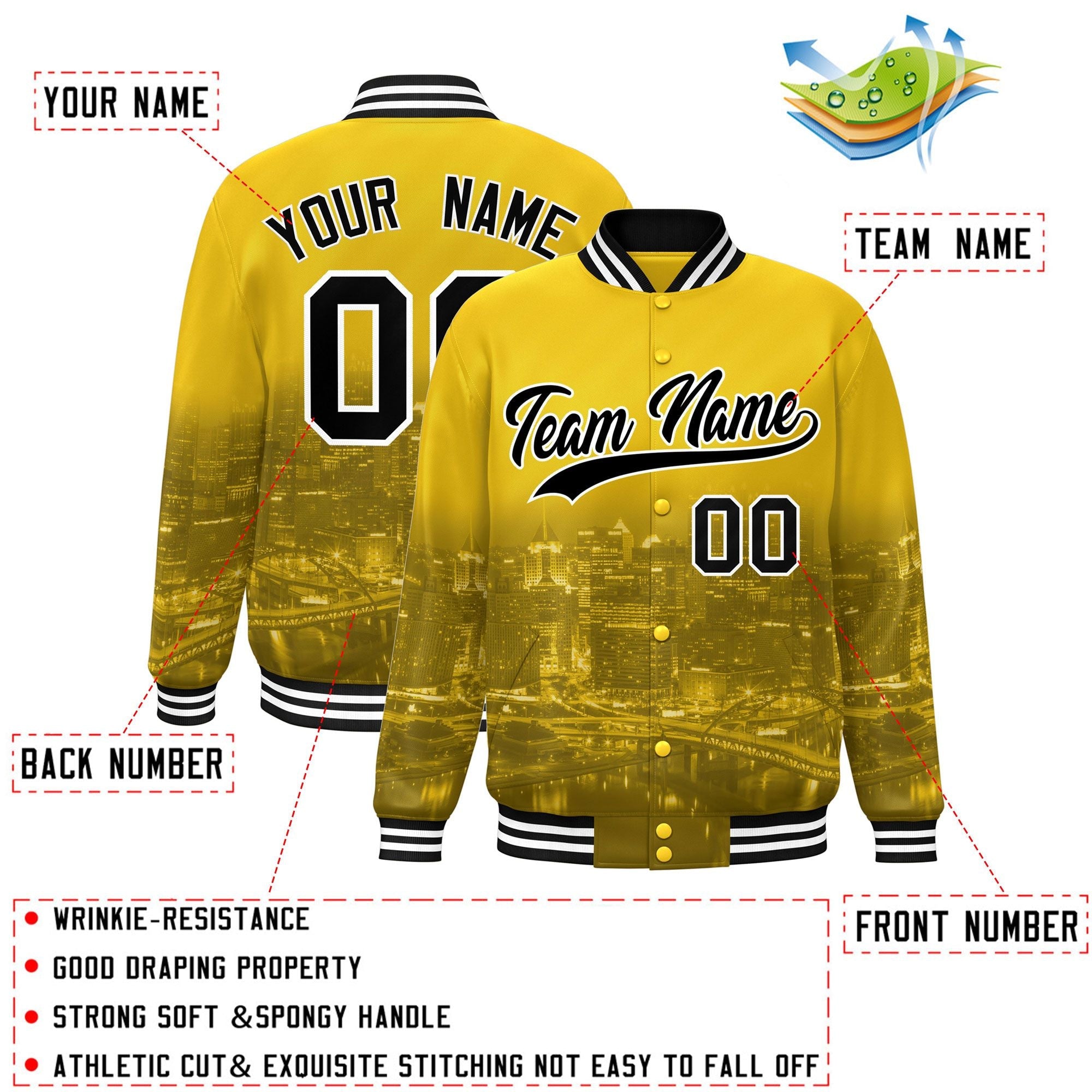 Custom Gold Black-White Pittsburgh City Connect Track Varsity Full-Snap Jacket