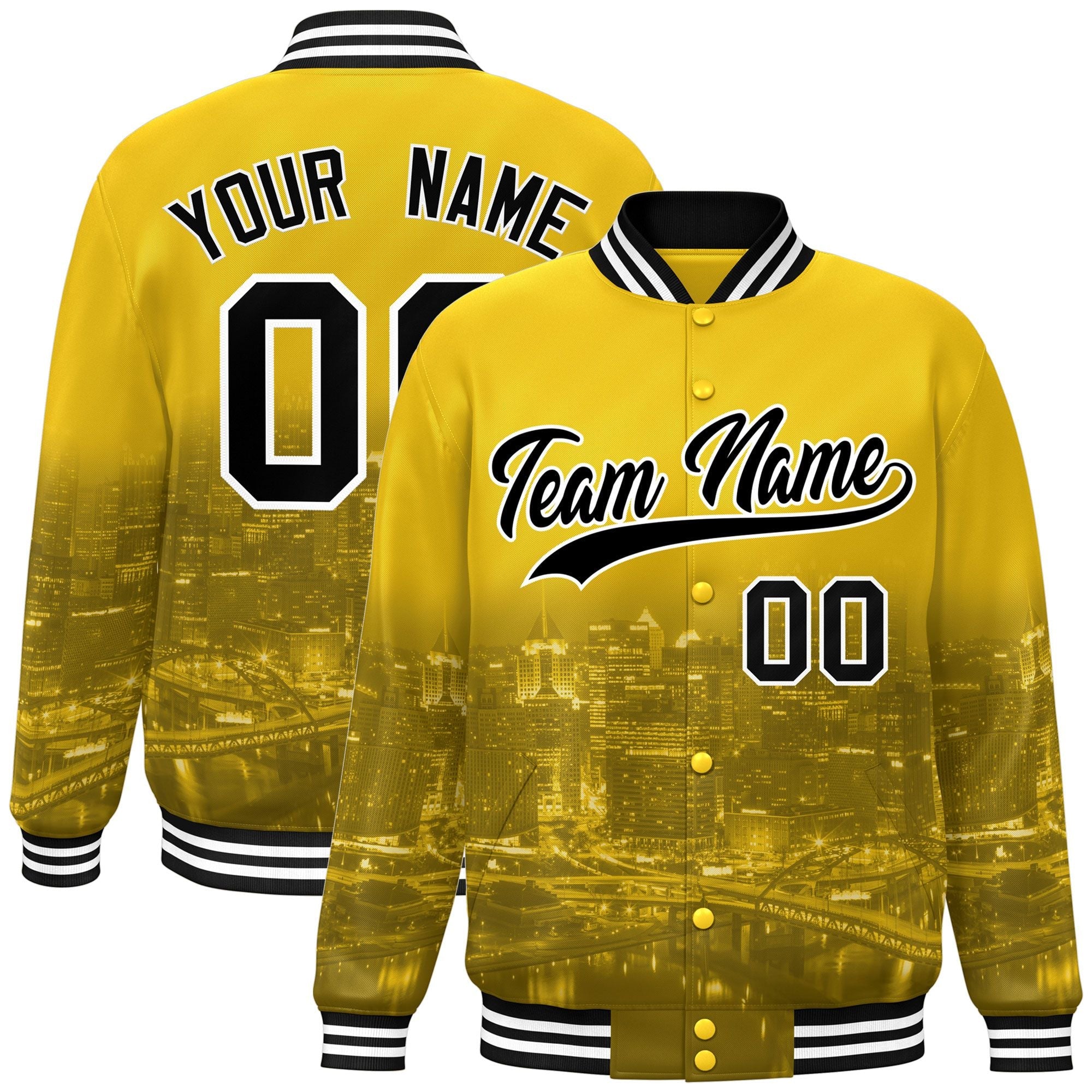 Custom Gold Black-White Pittsburgh City Connect Track Varsity Full-Snap Jacket