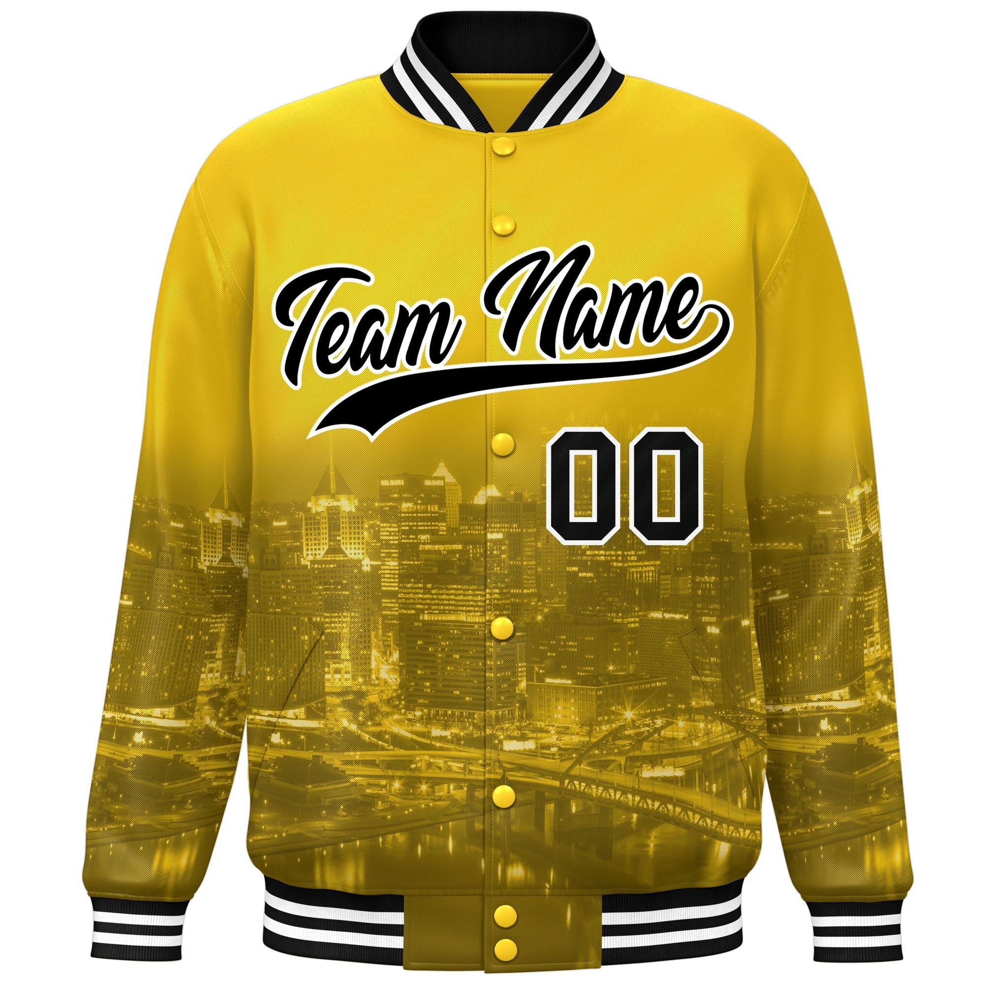 Custom Gold Black-White Pittsburgh City Connect Track Varsity Full-Snap Jacket