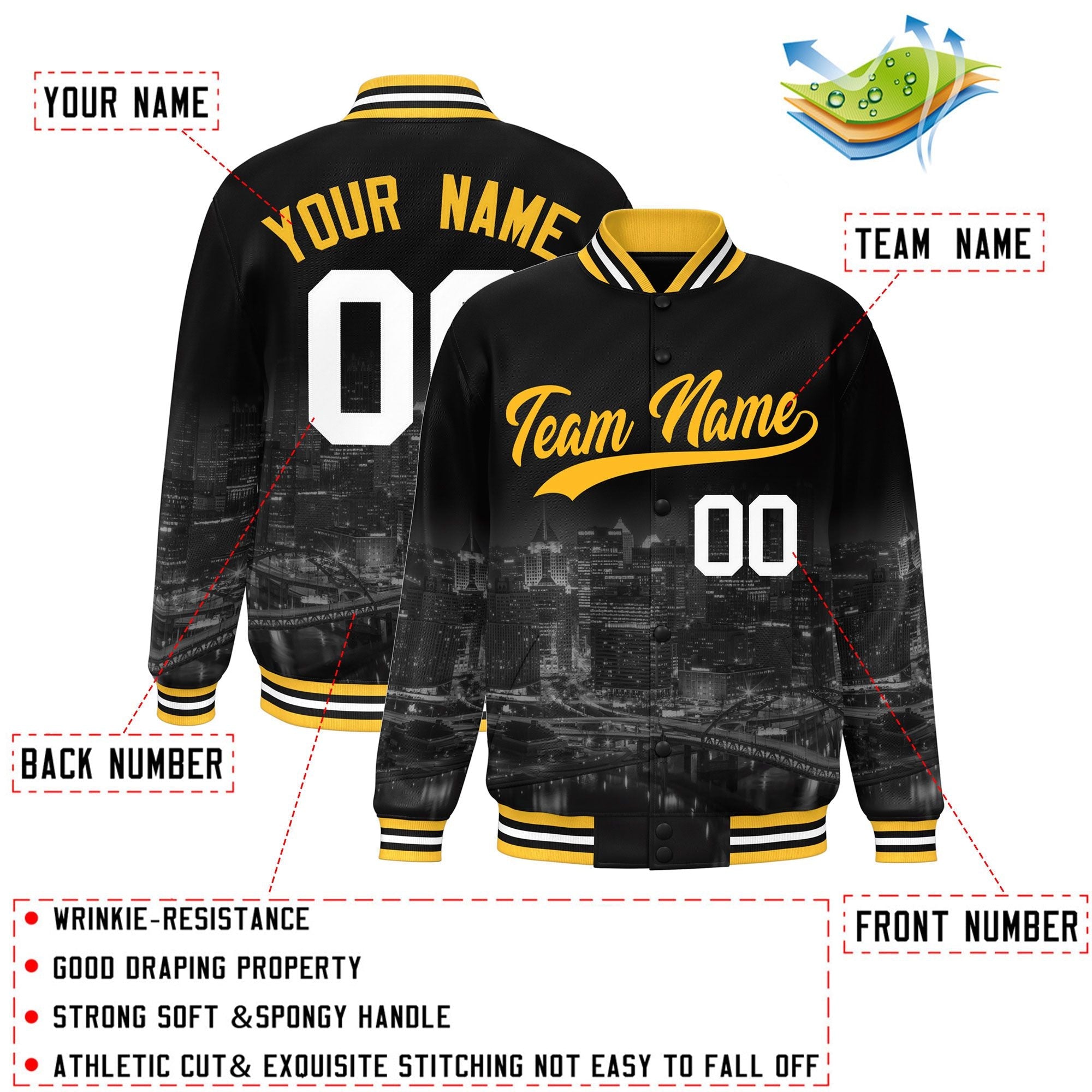 Custom Black Gold Pittsburgh City Connect Track Varsity Full-Snap Jacket