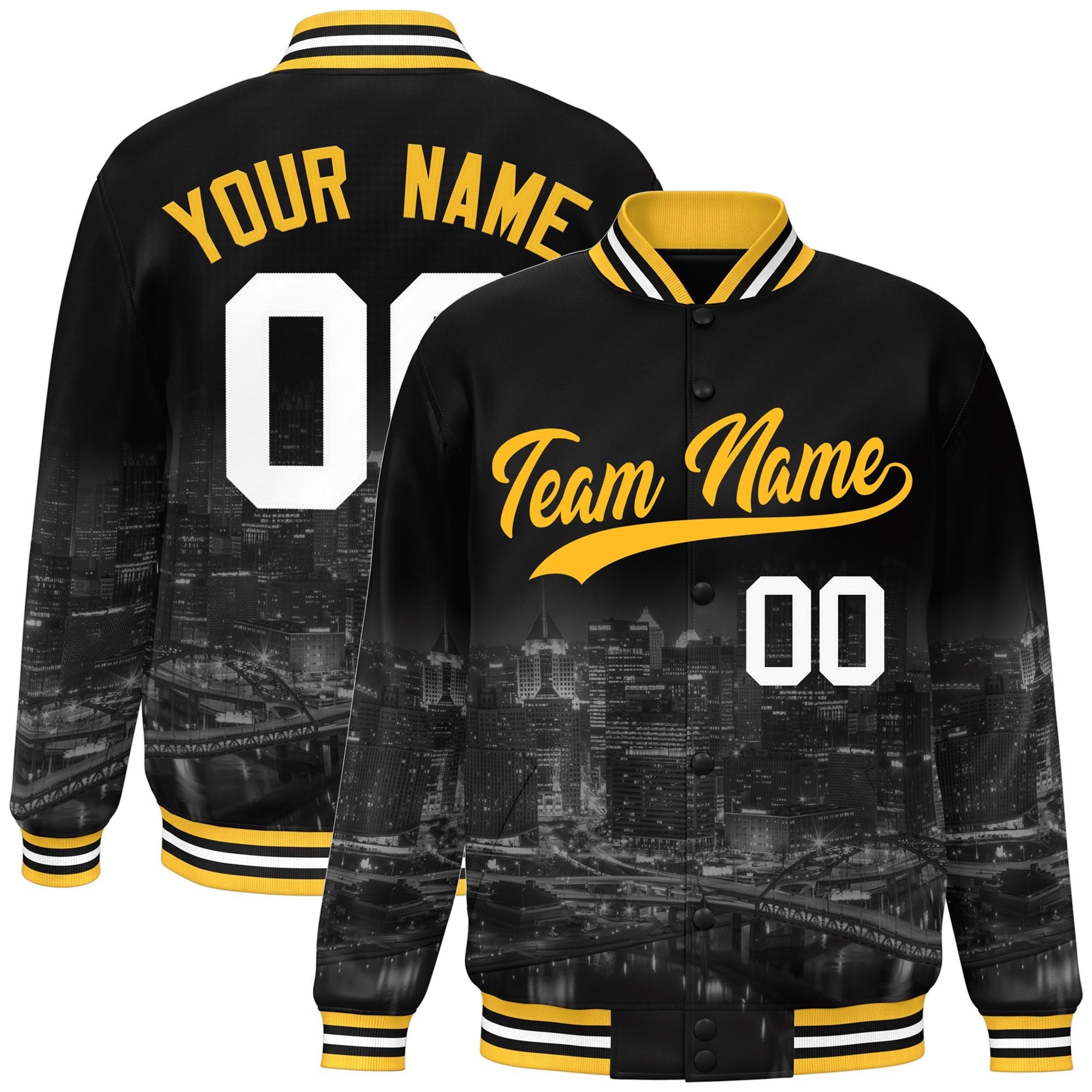 Custom Black Gold Pittsburgh City Connect Track Varsity Full-Snap Jacket