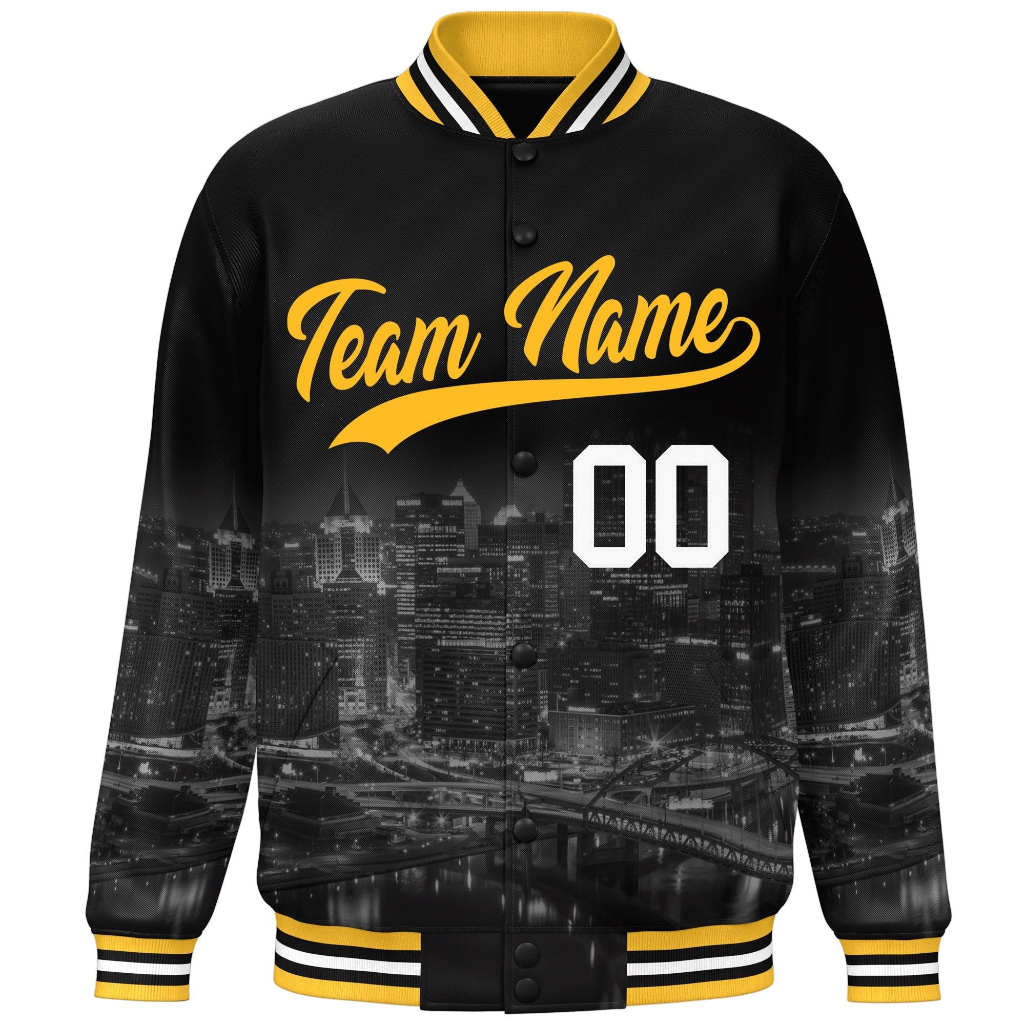 Custom Black Gold Pittsburgh City Connect Track Varsity Full-Snap Jacket