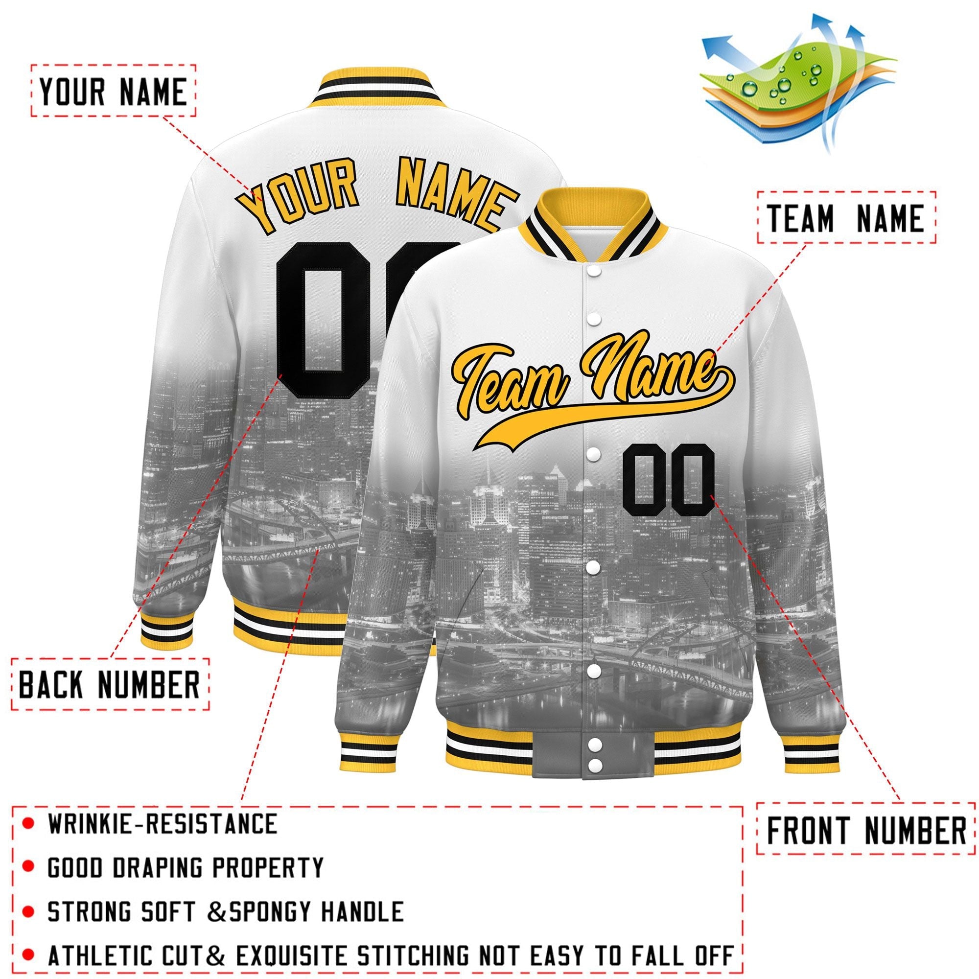 Custom White Gold-Black Pittsburgh City Connect Track Varsity Full-Snap Jacket