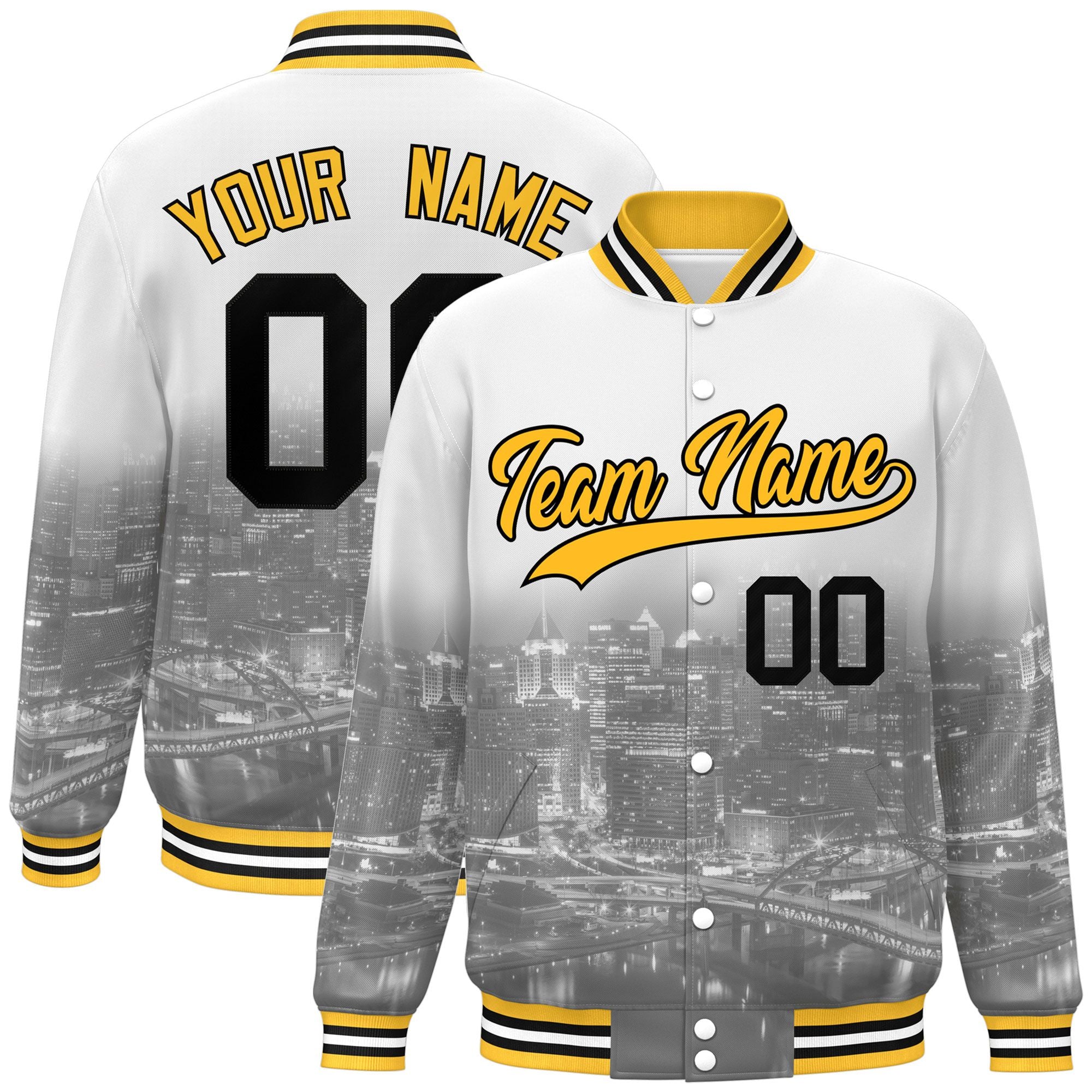 Custom White Gold-Black Pittsburgh City Connect Track Varsity Full-Snap Jacket