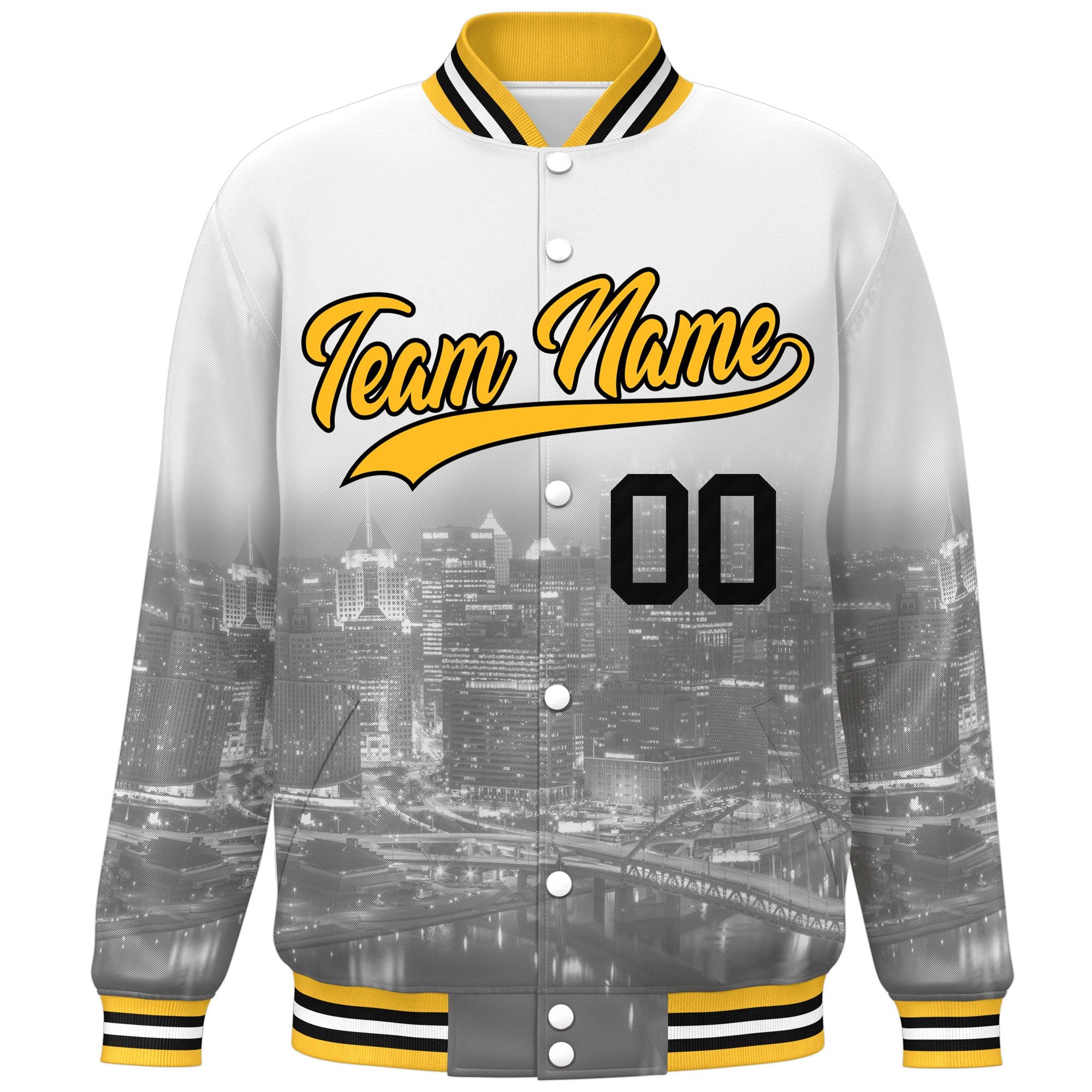 Custom White Gold-Black Pittsburgh City Connect Track Varsity Full-Snap Jacket