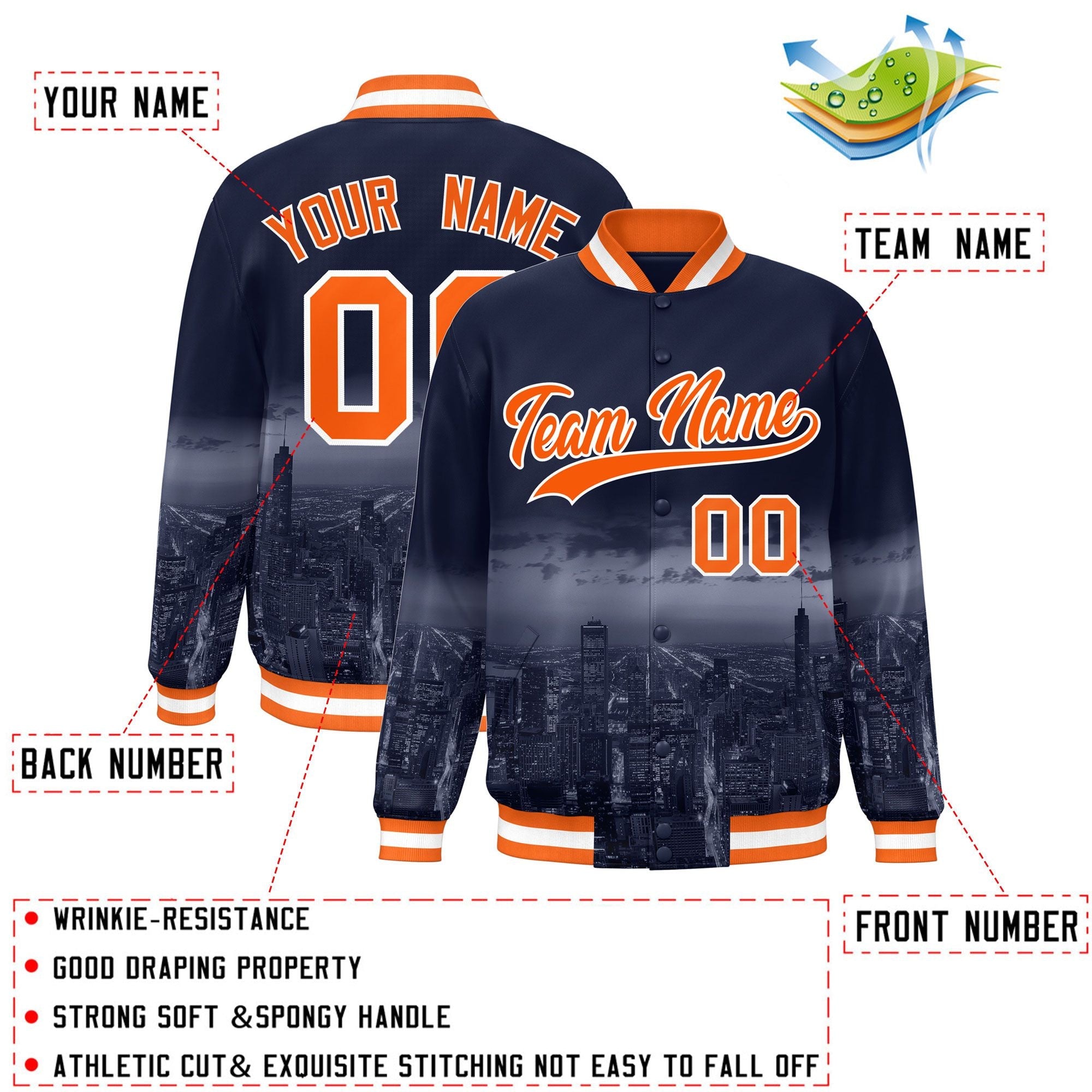 Custom Navy Orange-White Chicago City Connect Track Varsity Full-Snap Jacket