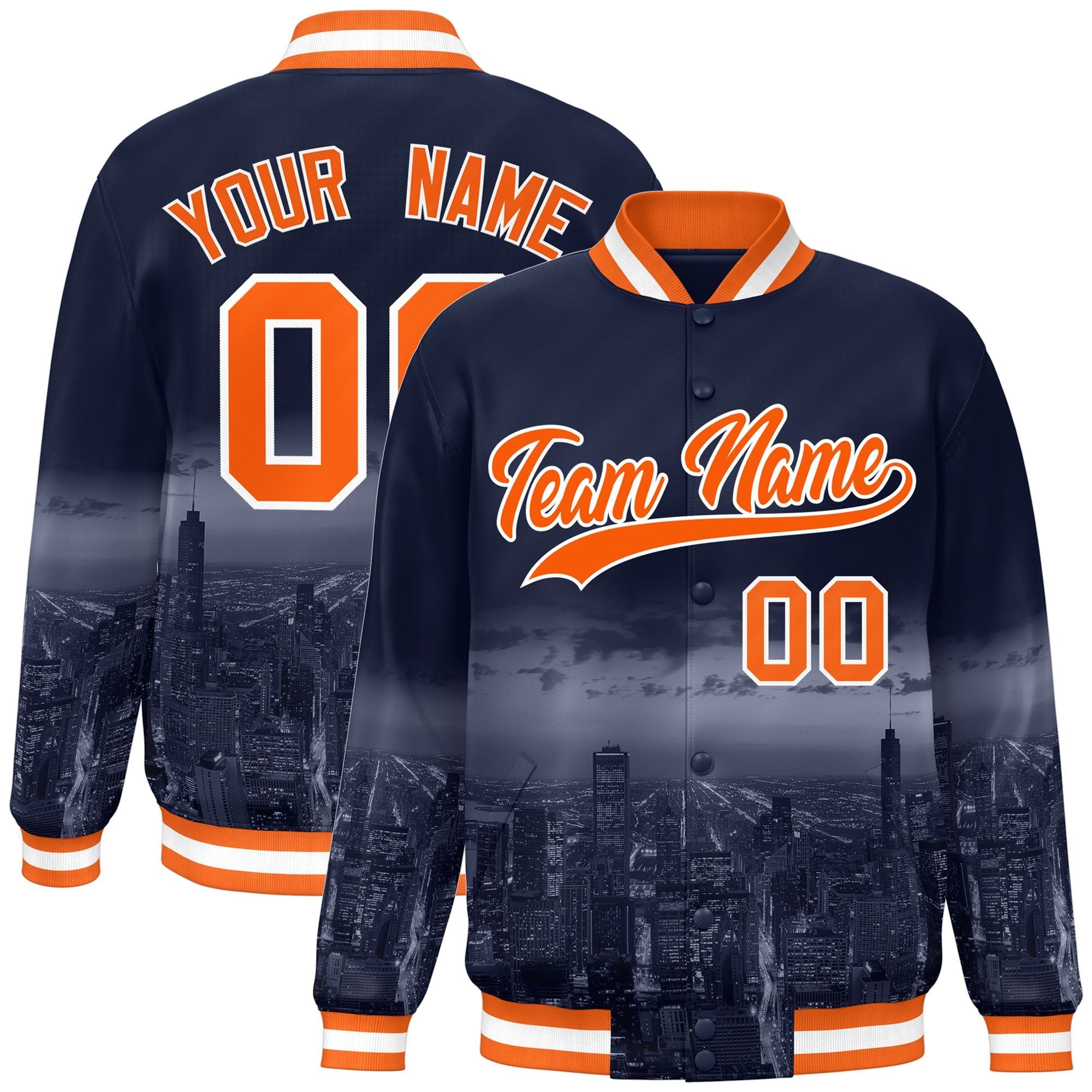 Custom Navy Orange-White Chicago City Connect Track Varsity Full-Snap Jacket