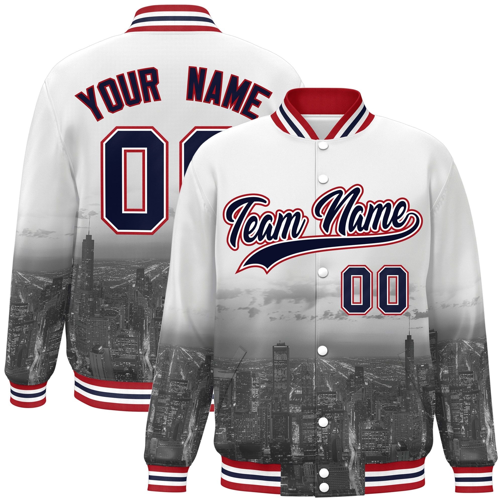 Custom White Navy-Red Chicago City Connect Track Varsity Full-Snap Jacket