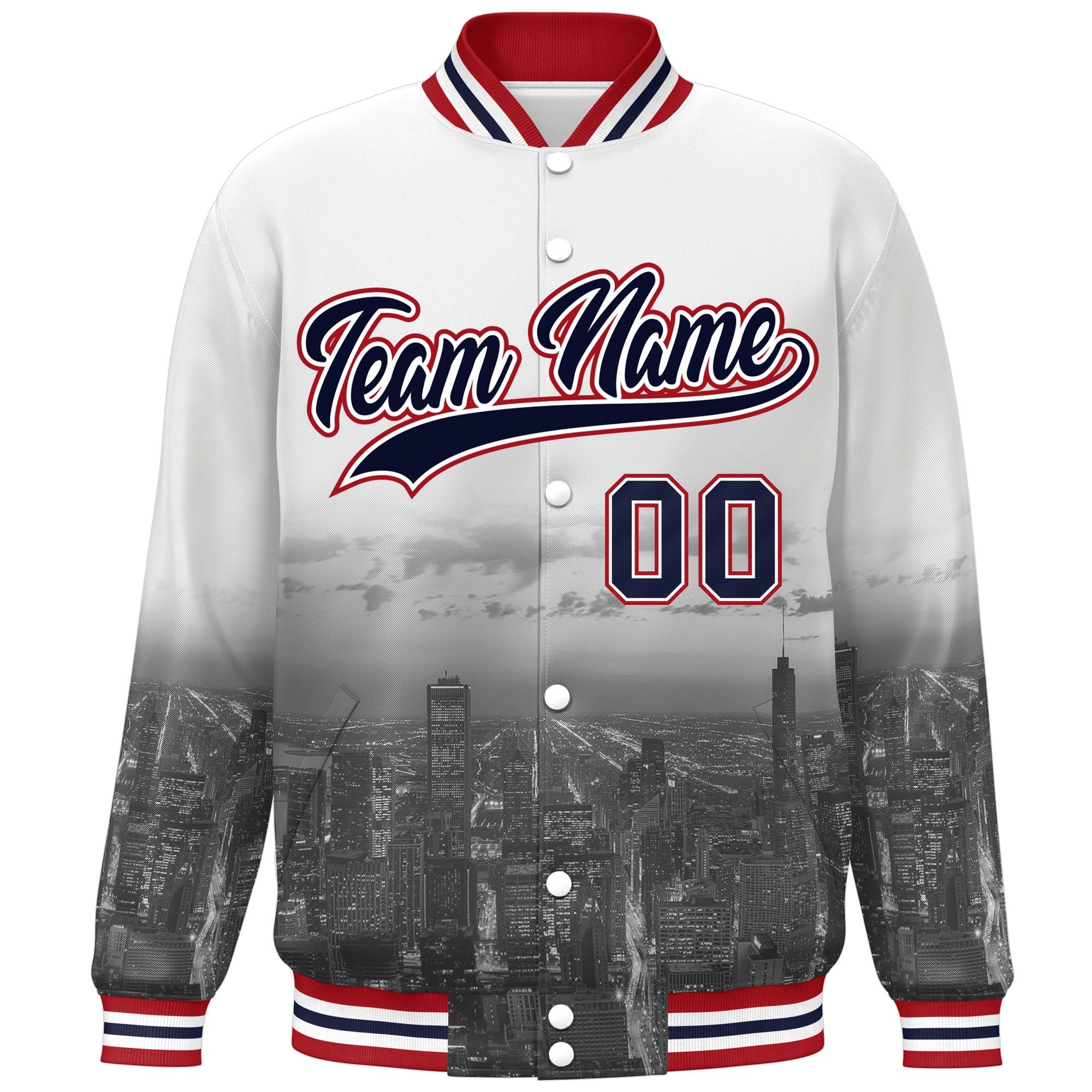 Custom White Navy-Red Chicago City Connect Track Varsity Full-Snap Jacket