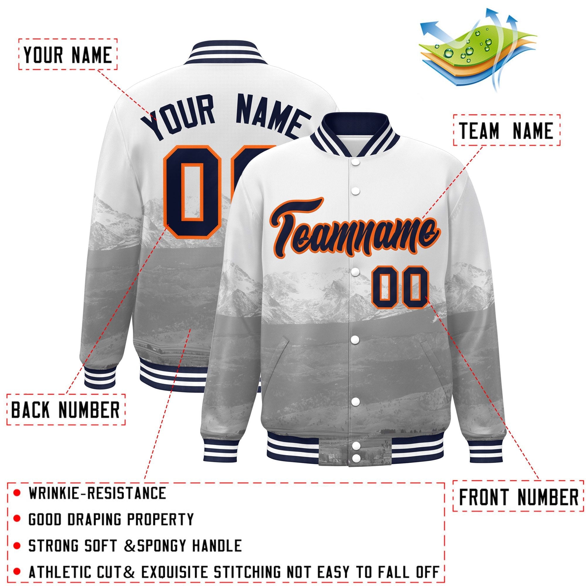 Custom White Navy-Orange Denver City Connect Track Varsity Full-Snap Jacket